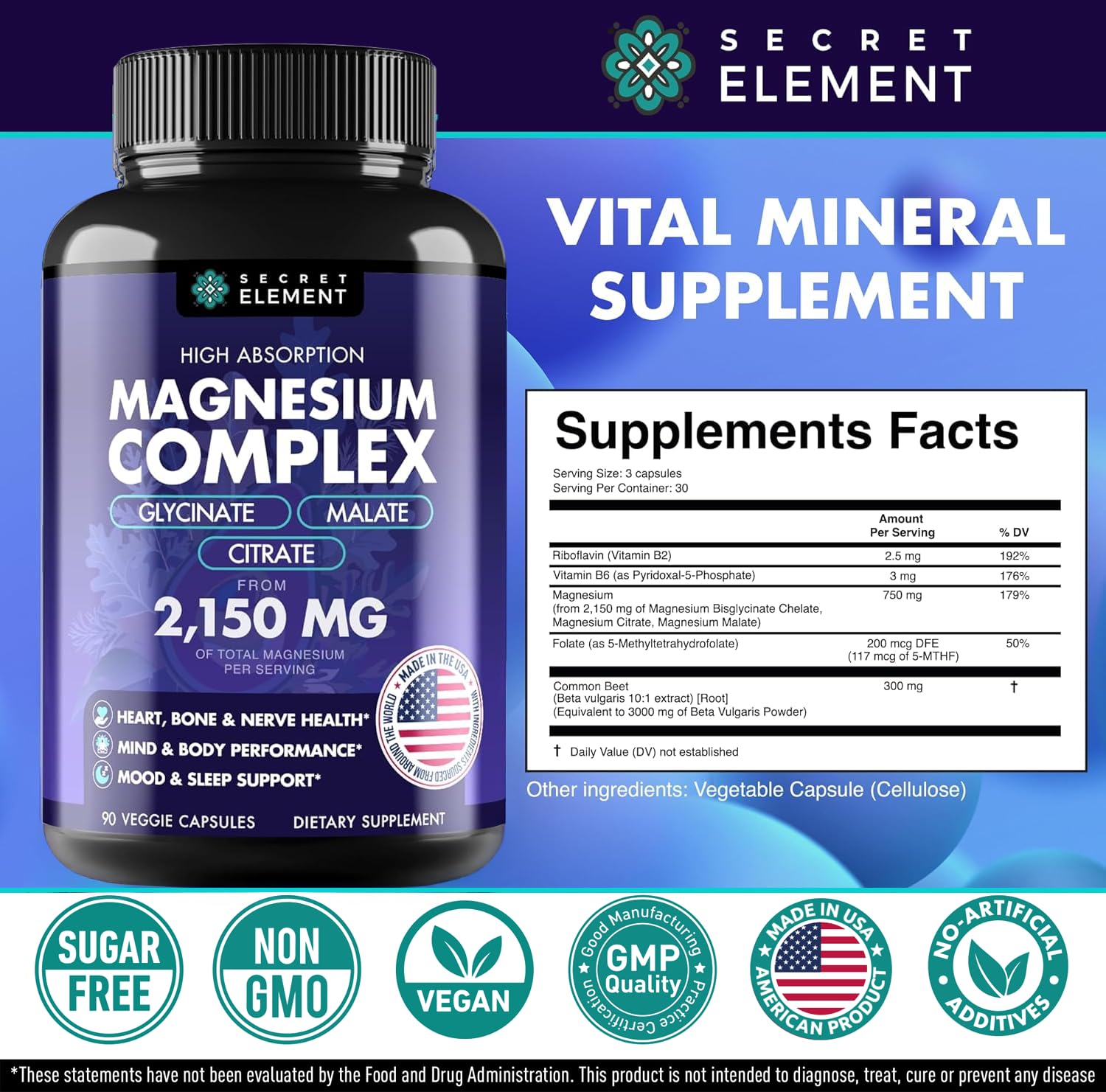 Magnesium Complex 2,150MG, High Absorption Capsules with Magnesium Glycinate, Citrate & Malate, Plus Vitamin B6, B2, Folate & Beet Root, Vegan, Non-GMO, No Artificial Additives, 90 Capsules Secret Element uk supplements