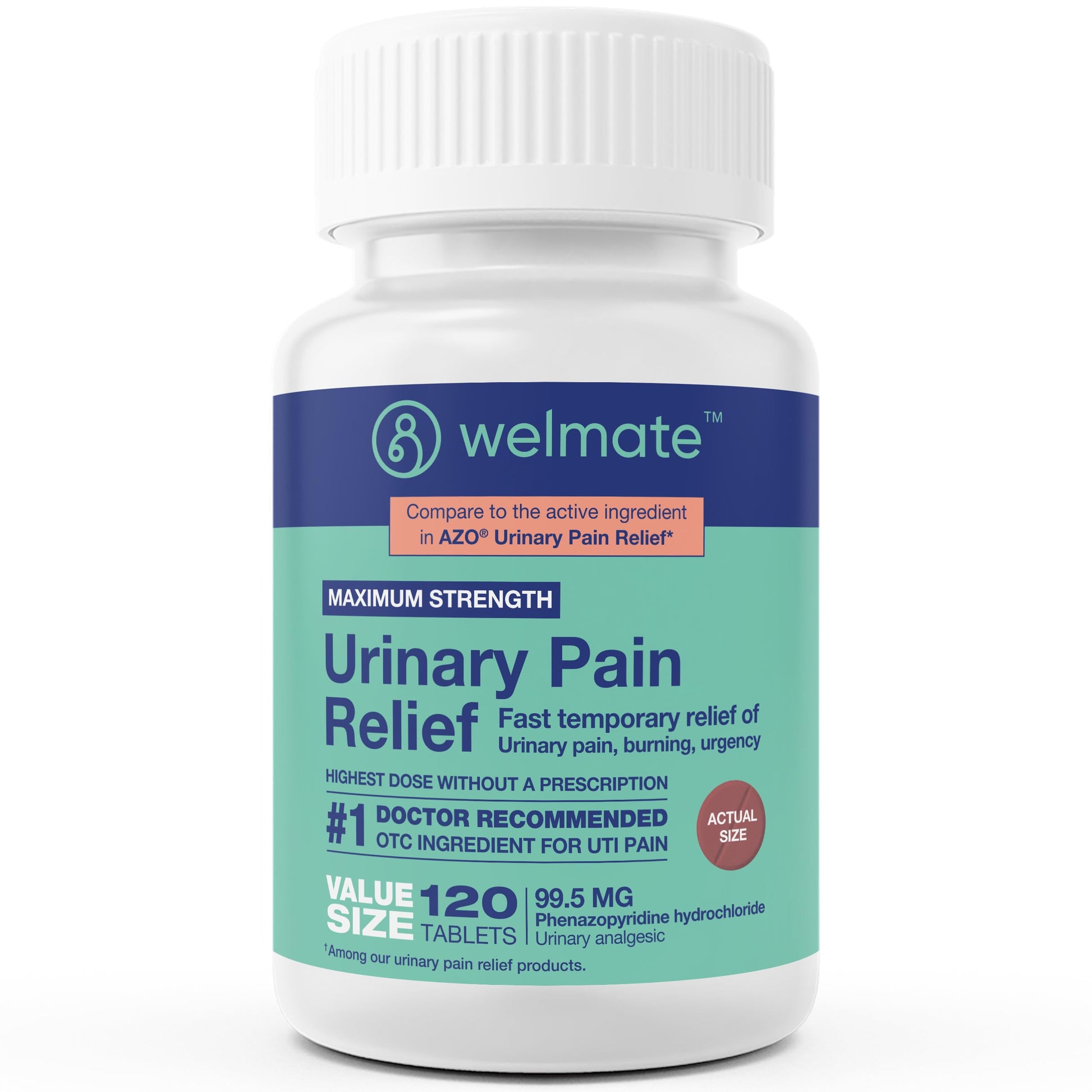 WELMATE Urinary Pain UTI Relief Maximum Strength (Phenazopyridine HCL) - Improve Urinary Tract Health & Bladder Control, Urgency, & Discomfort | Over-The-Counter Medication for Men & Women (120 Pills) WELMATE uk supplements