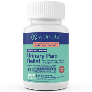 WELMATE Urinary Pain UTI Relief Maximum Strength (Phenazopyridine HCL) - Improve Urinary Tract Health & Bladder Control, Urgency, & Discomfort | Over-The-Counter Medication for Men & Women (120 Pills) WELMATE uk supplements