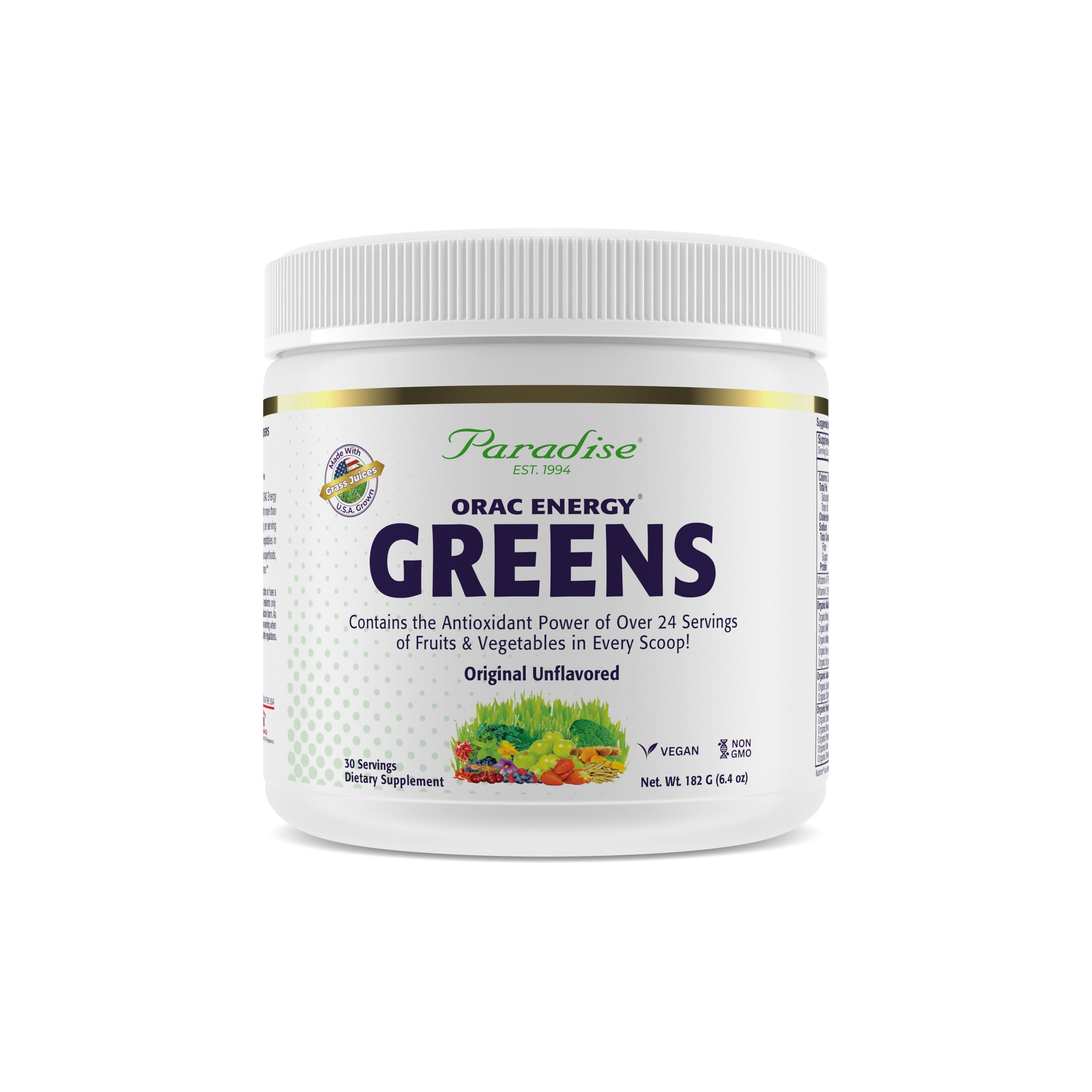 Paradise, ORAC Energy Greens Powder Extract, Super Antioxidants, Probiotics for Gut Health & Digestion, Vitamin C for Immunity, with Spirulina & Chlorella, Non-GMO, Gluten Free, 30 Servings Paradise Herbs uk supplements