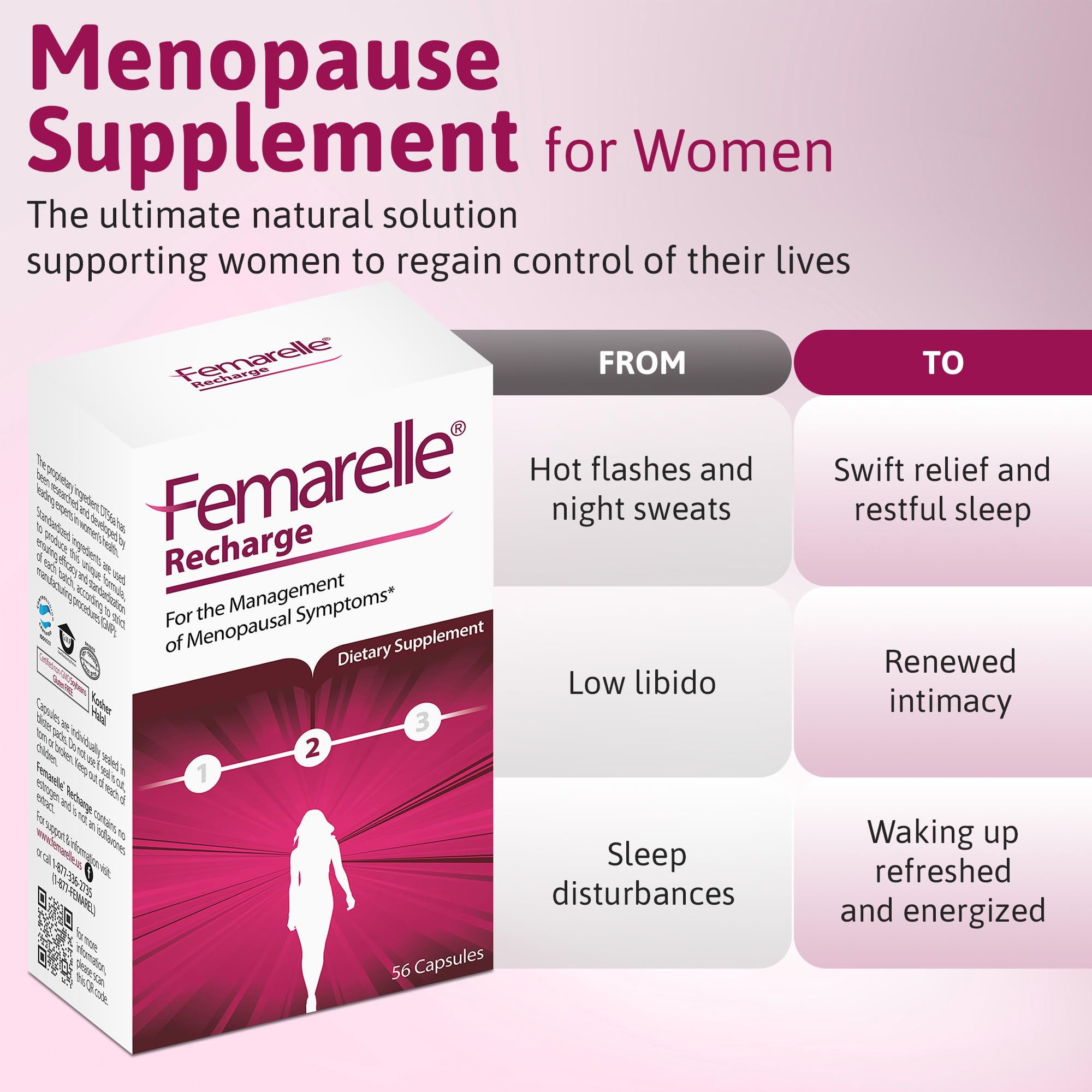 Femarelle® Recharge – Menopause Supplement for Women - Clinically Proven Menopause Relief - Hot Flashes, Night Sweats, Sleep & Libido Support Within 1st Month, Gluten-Free, GMO-Free & Hormone Free Femarelle uk supplements