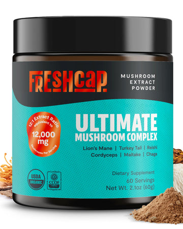 FreshCap Mushrooms Ultimate Mushroom Supplement Powder 12,000mg - Nootropic Organic Mushroom Complex for Focus & Memory, Brain Support Supplement, Ayurveda Mushroom Powder Extract (60 Servings) FreshCap Mushrooms uk supplements