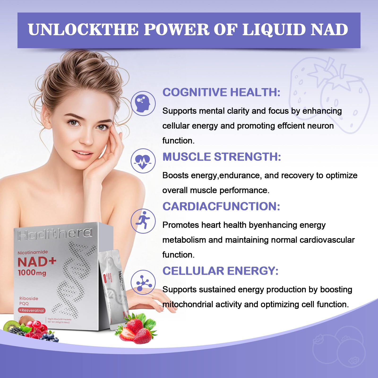 Haditheran NAD Supplement 1000mg Synergistic Blend with Nicotinamide Riboside, PQQ & Resveratrol - Premium Anti-Aging Supplement for Cellular Energy, Mental Clarity and Longevity (30 Packets) Haditheran uk supplements