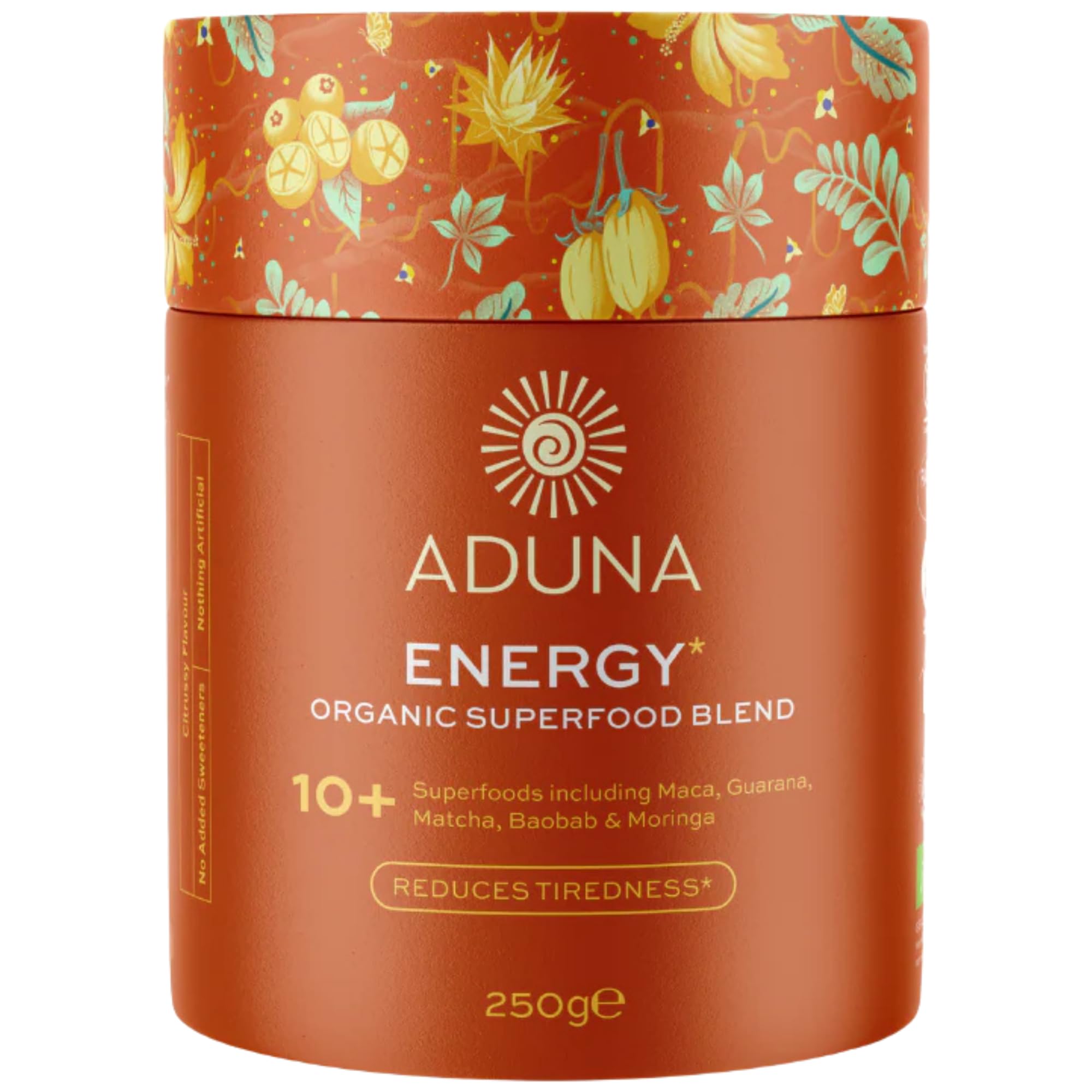 Aduna Organic Energy Superfood Blend | 100% Natural Stir-in Blend With 10+ Superfoods for Natural Energy, Focus & Reduced Tiredness | Vegan Powder for Yogurt, Juices, & Smoothies | 250g Aduna uk supplements