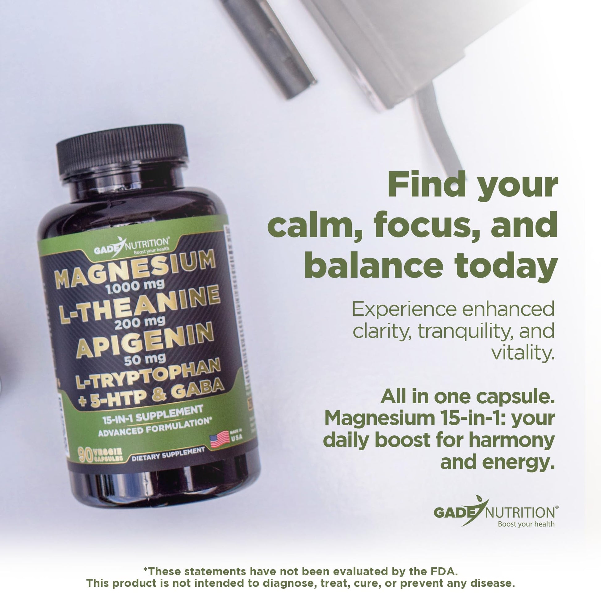 Gade Nutrition Magnesium Glycinate & Magneisum Supplements with Apigenin, L Theanine 200 mg, 5 HTP, GABA Calm Brain Booster Supplement Sleep Aid Ashwagandha L Tryptophan Chamomile GADE NUTRITION BOOST YOUR HEALTH uk supplements