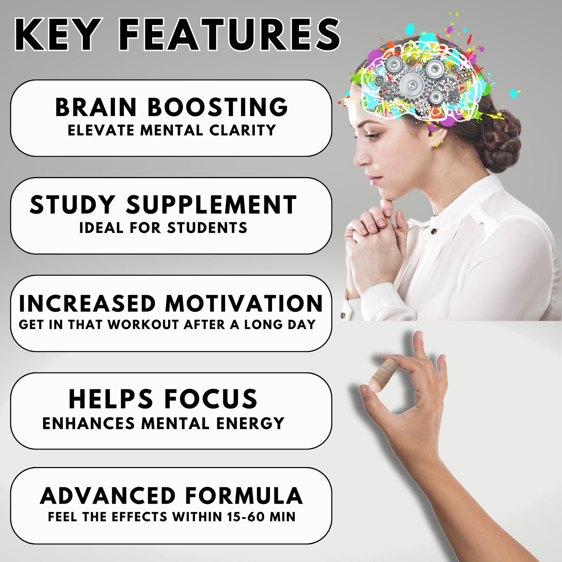 Focus Pep Addrell Energy Stimulant Pills- Natural Nootropic Brain Supplement Alternative Pill & Study Supplements Substitute to Elevate Mental Clarity for Women & Men OTC- 60 Mind Booster Capsules Focus Pep uk supplements