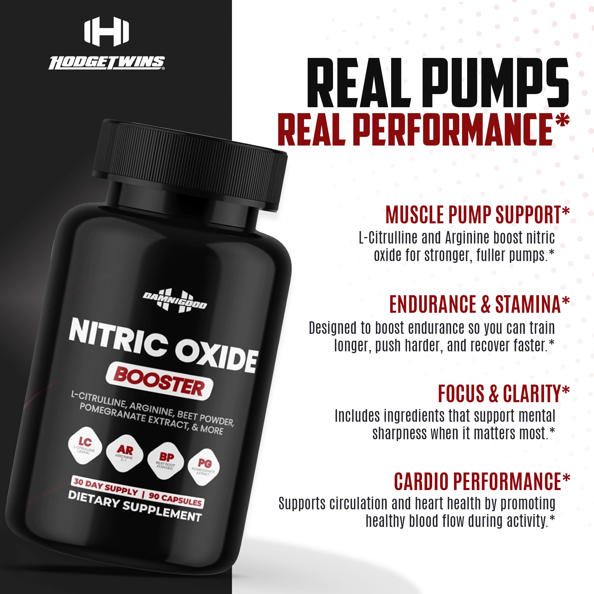 DAMN GOOD The Hodge Twins Nitric Oxide Booster – Beet Root Nitric Oxide & Arginine Citrulline Supplement, Pomegranate Blend for Workout Drive, Endurance Support & Pump Power - 90 Capsules DAMN GOOD uk supplements