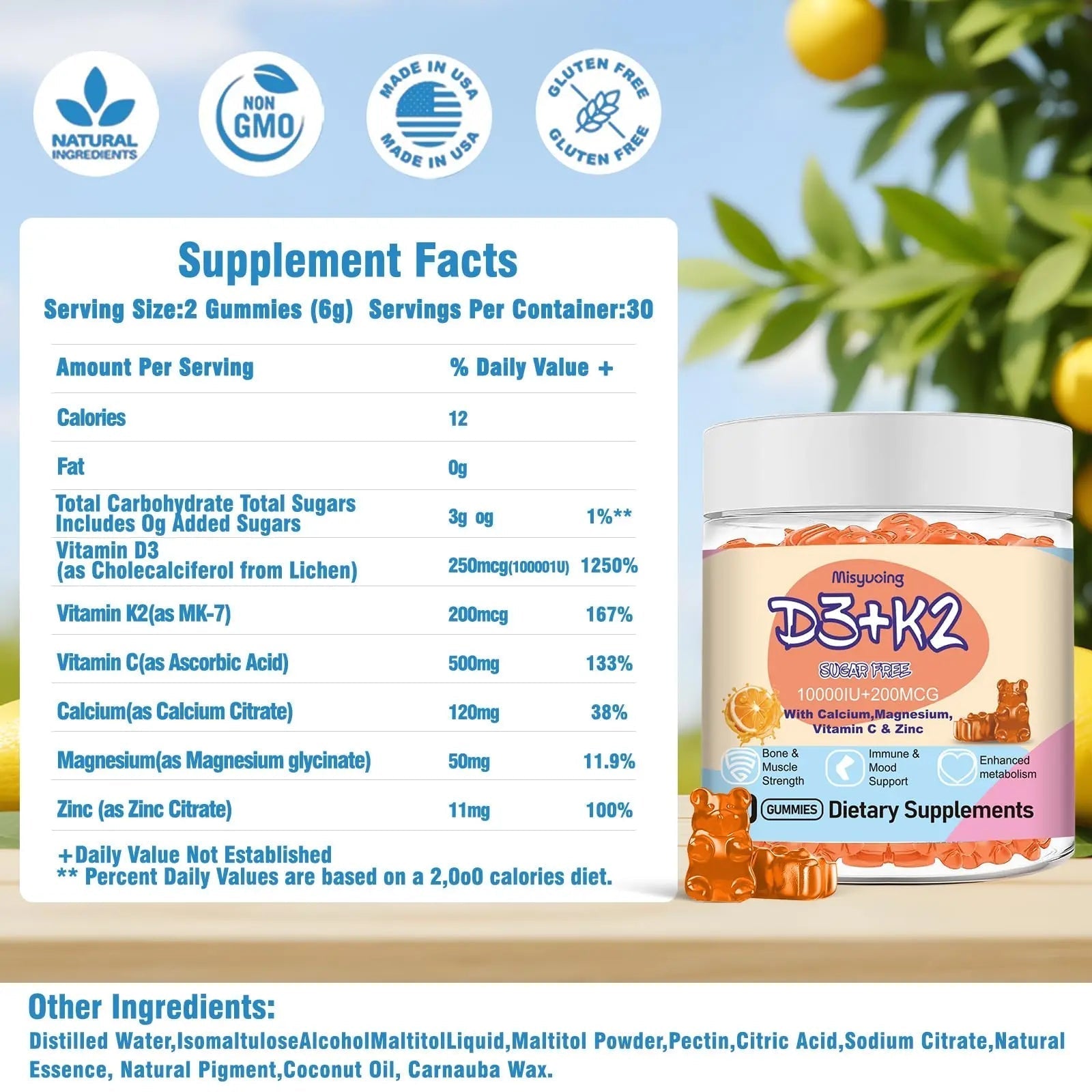 Misyvoing Vitamin D3 K2 Sugar-Free Gummies,Vitamin D3 10000 IU with K2 200mcg,VitaminC,Calcium,Magnesium,Zinc,Support for Bones Misyvoing uk supplements