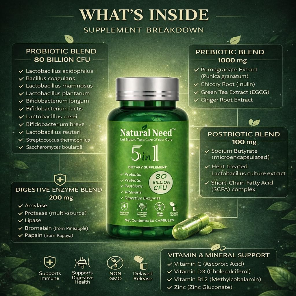 NATURAL NEED™ Gut Health – 5-in-1 Formula with Probiotics, Prebiotics, Postbiotics, Enzymes & Vitamins (C,D3,B12,Zinc) – Delayed Release Capsule – Supports Overall Digestion, Immunity & Gut – 60 Vegan NATURAL NEED uk supplements
