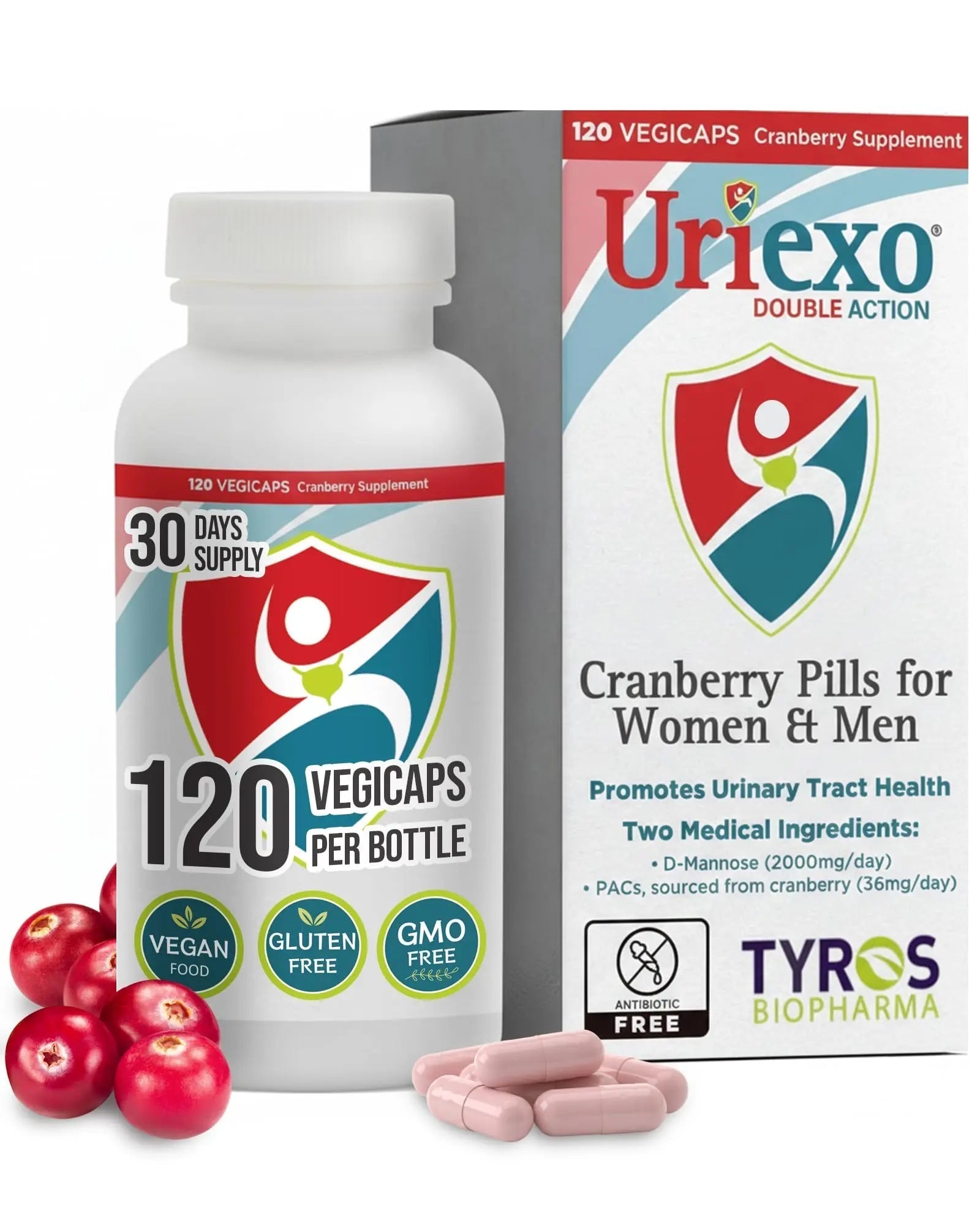 Uriexo Double Action Support Cranberry Pills - Urinary Tract Health Supplement with 36mg Proanthocyanidins PACs & 2000mg D-Mannose, Capsules for Men & Women, Non-Antibiotic Formula, 30 Day Supply Uriexo uk supplements