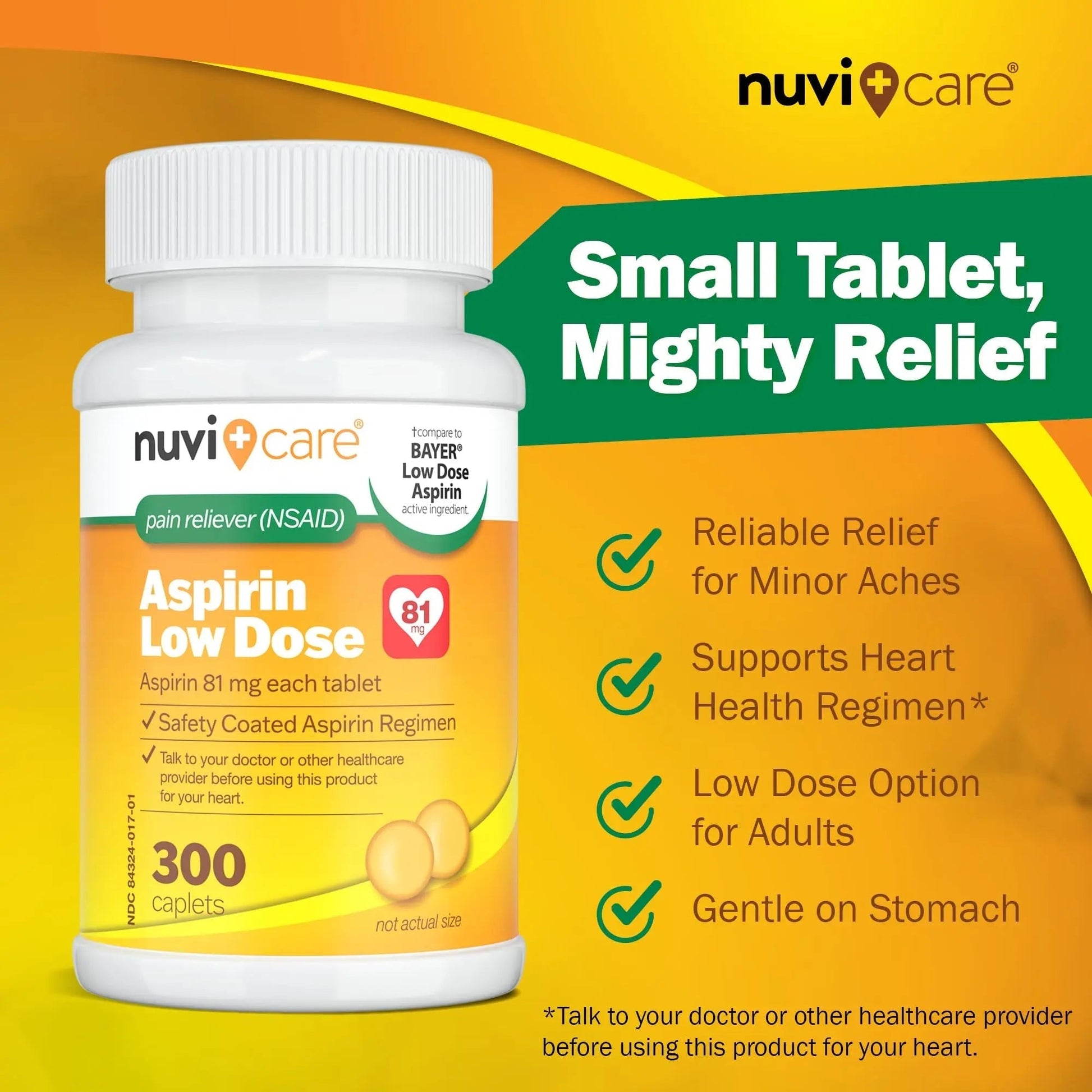 NUVICARE Low Dose Aspirin 81mg for Adults Coated Caplets - Compare to Active Ingredient in Low Dose Bayer Aspirin for Adults - Safety Coated (300 Count) NUVICARE uk supplements