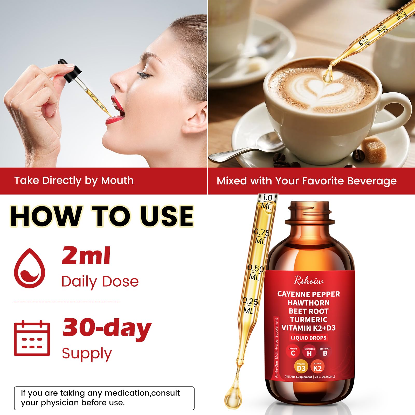 Cayenne Pepper Drops Supplement Liquid with Hawthorn Berry, Vitamin D3 K2, Turmeric Curcumin, Beet Root, Ceylon Cinnamon Vegan- Friendly - 60ml Rshoiw uk supplements