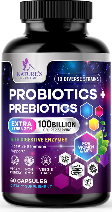Probiotics 100 Billion CFU Per Serving - 10 Probiotic Strains & Prebiotics - Digestive Gut Health, Immune Support & Occasional Constipation, Gas & Bloating - Daily Supplement For Adults - 60 Capsules Nature's Nutrition uk supplements