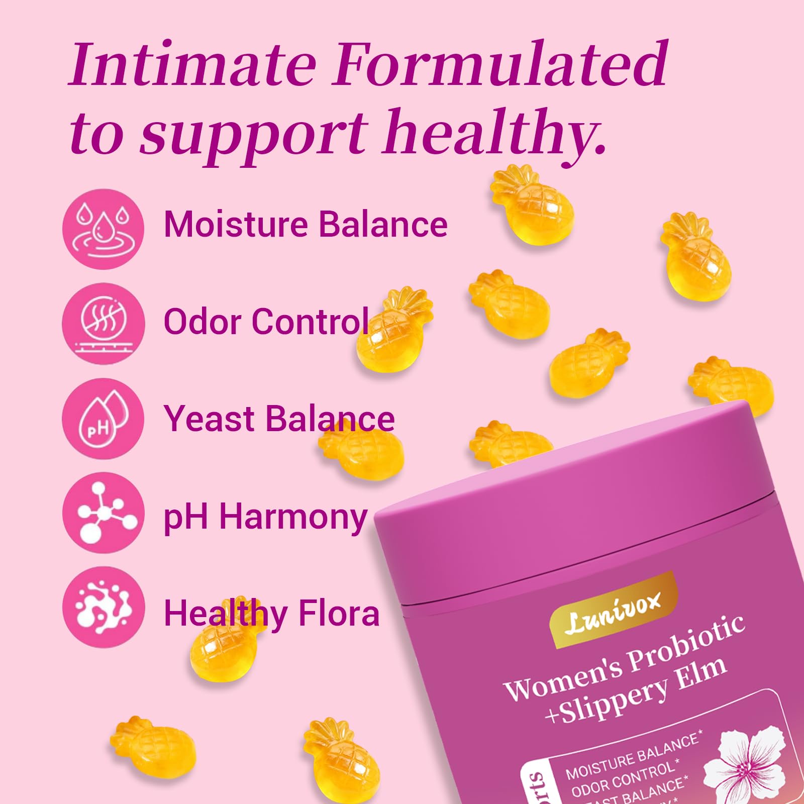 Lunivox Her Juicy Feminine Probiotics Gummies for Women, with Prebiotics & Slippery Elm - Promotes pH Balance, Gut Health & Immune Support - Pineapple Flavor, 60 Count Lunivox uk supplements
