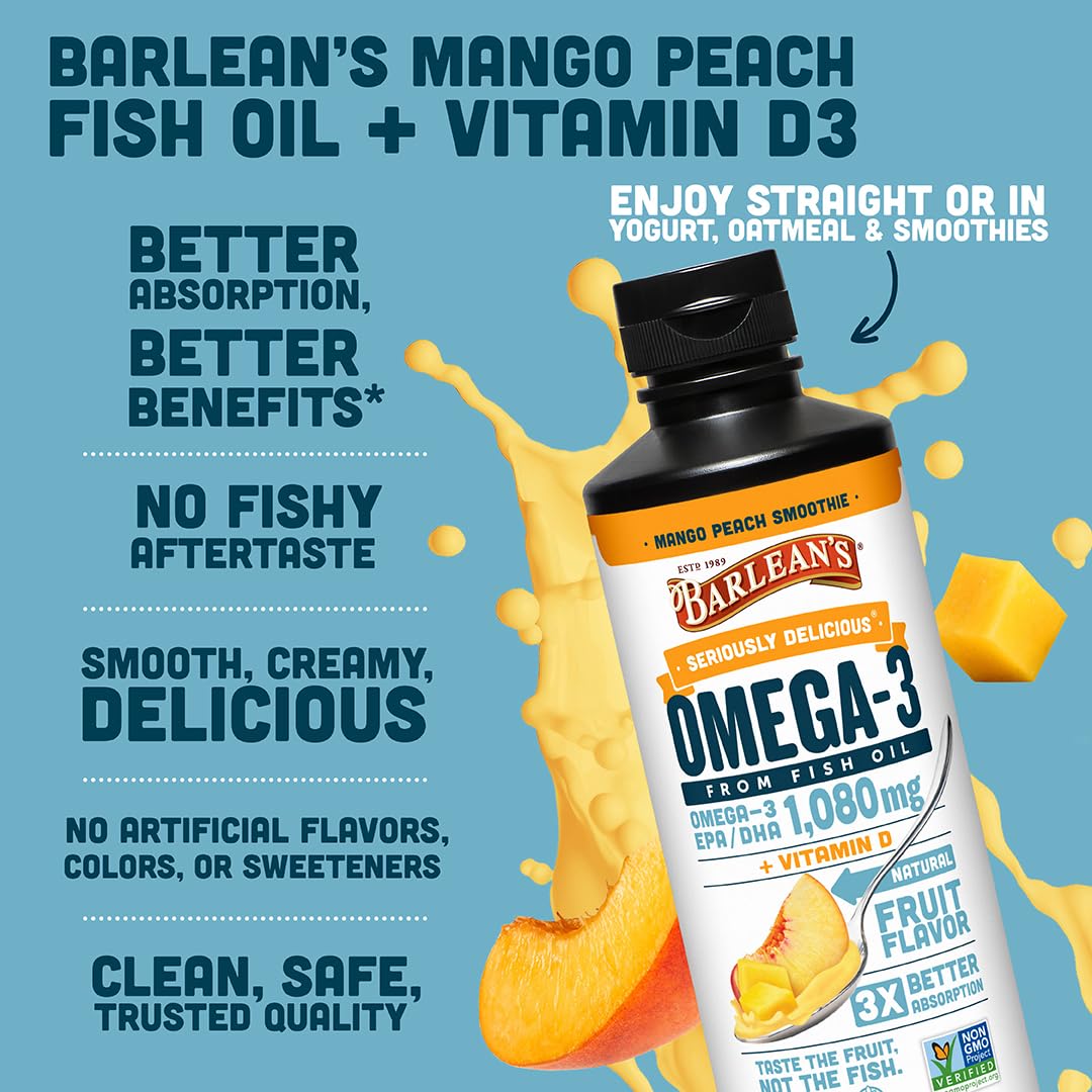 Barlean's Omega 3 Fish Oil Liquid Supplement with Vitamin D for Men and Women, 1080mg of EPA and DHA Fatty Acid, Promotes Brain & Heart Health - Non-GMO, Mango Peach, 16 oz Barlean's uk supplements