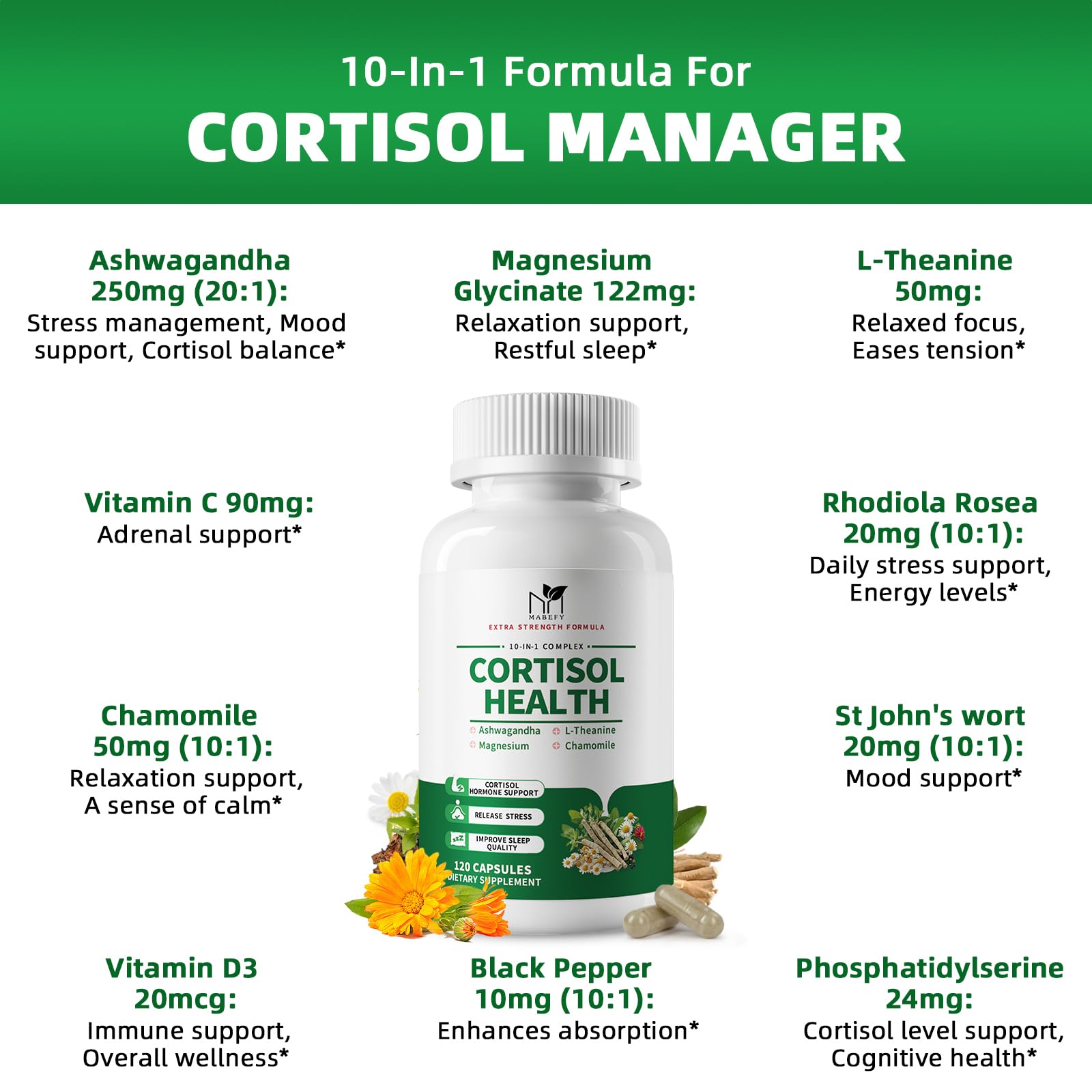 MABEFY Cortisol Supplements for Women/Men - 10 in 1 Cortisol Manager Reducer Lower Detox Balance with Magnesium, Ashwagandha, L-Theanine for Stress, Sleep, Calm, Mood Support - 60 Capsules for 30 Days MABEFY uk supplements