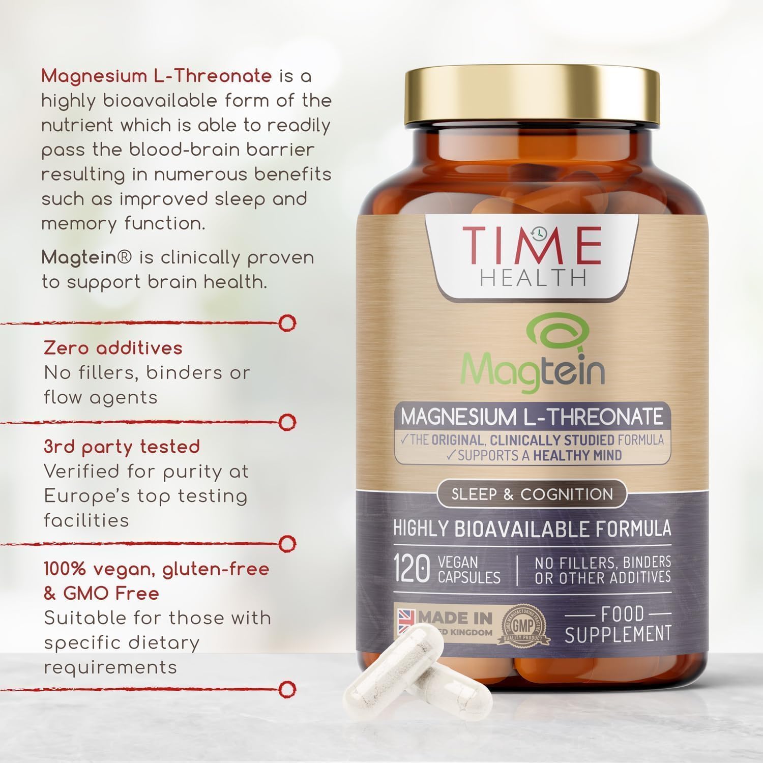 Magtein® Magnesium – 120 Capsules – High Strength 2100mg – Highly Bioavailable Time Health uk supplements