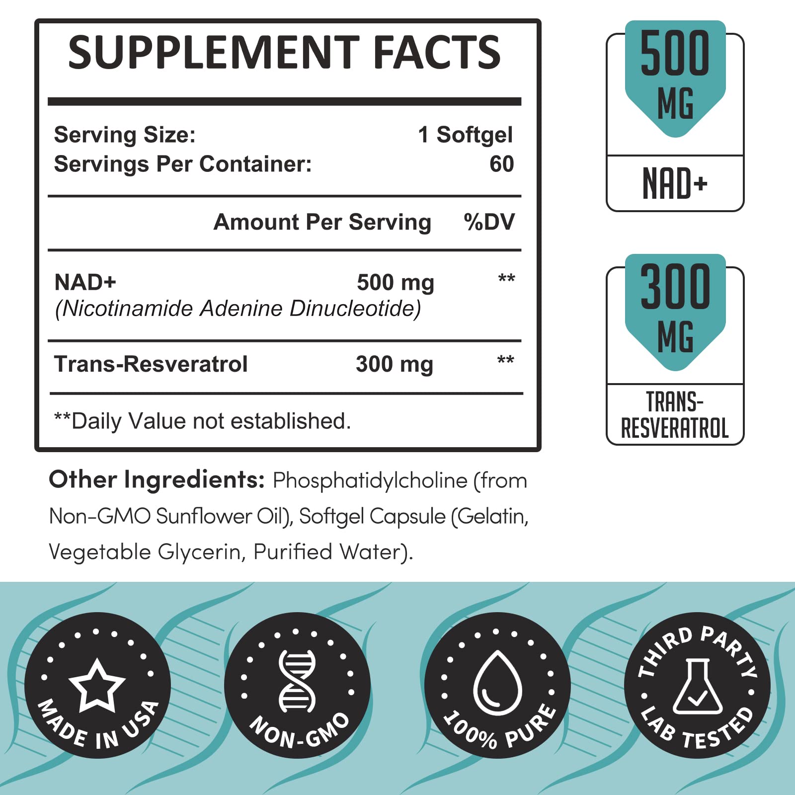 Rhamoph Liposomal NAD+ 800 mg with Trans-Resveratrol 300 mg, Max Absorption, Actual NAD+ Boosting Supplement for Healthy Aging, Cellular Energy, DNA Repair, Longevity - 60 Softgels Rhamoph uk supplements