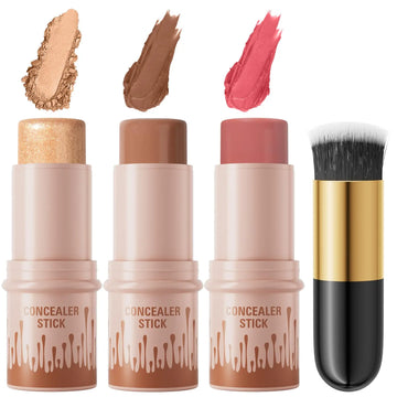 3Pcs Cream Contour Sticks Kit, Highlighter Stick Blush Stick Cream Contour Kit Makeup Set with Brush,Face Brightens & Shades Contour Stick Waterproof for Women QIC uk supplements