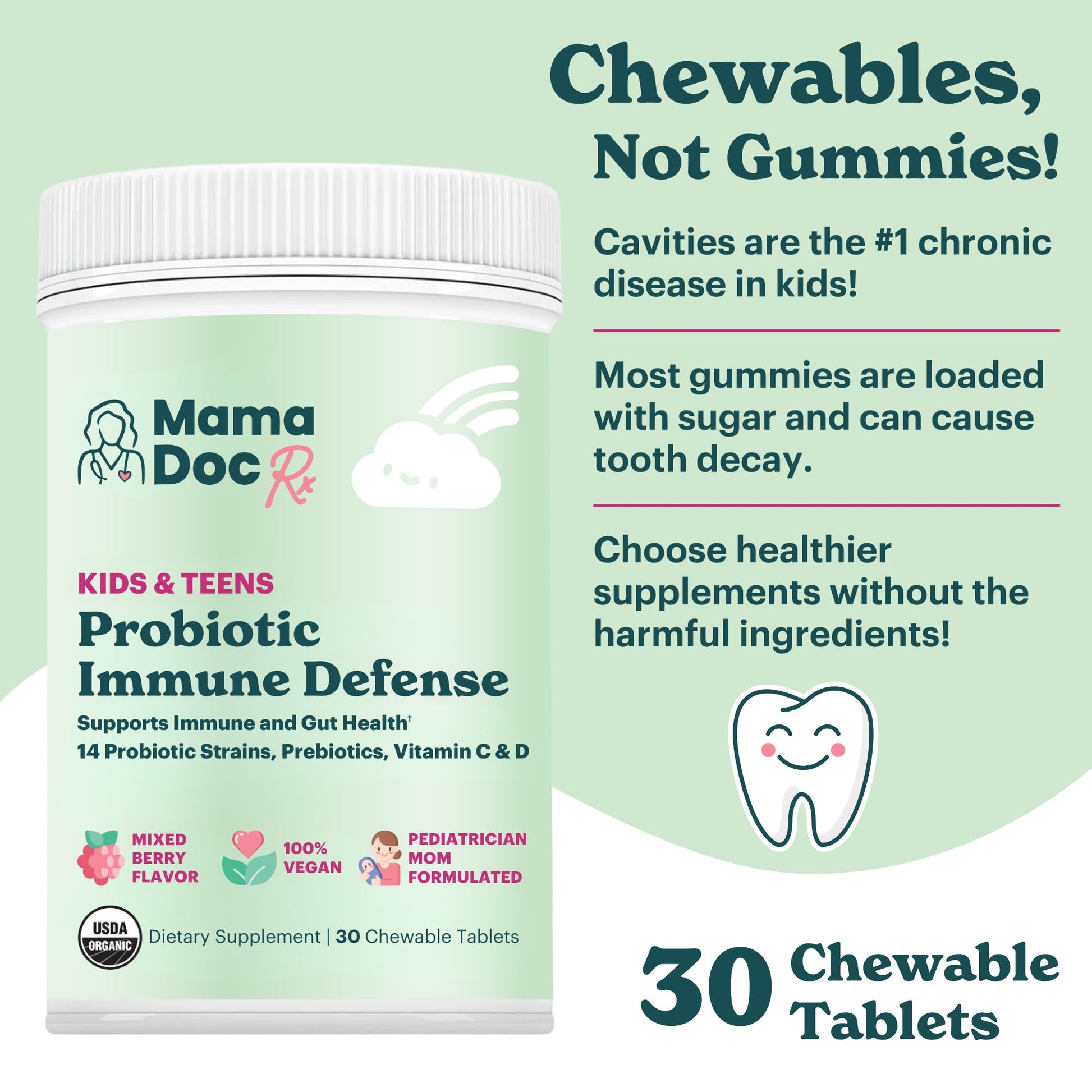 MamaDoc Rx Certified Organic Kids & Teens Probiotic Immune Defense - 5 Billion CFUs | Sugar Free, Vegan, Gluten-Free | 14 Probiotic Strains, Prebiotics, Vitamin C & D | 30 Chewable Tablets, Ages 4+ MamaDoc Rx uk supplements
