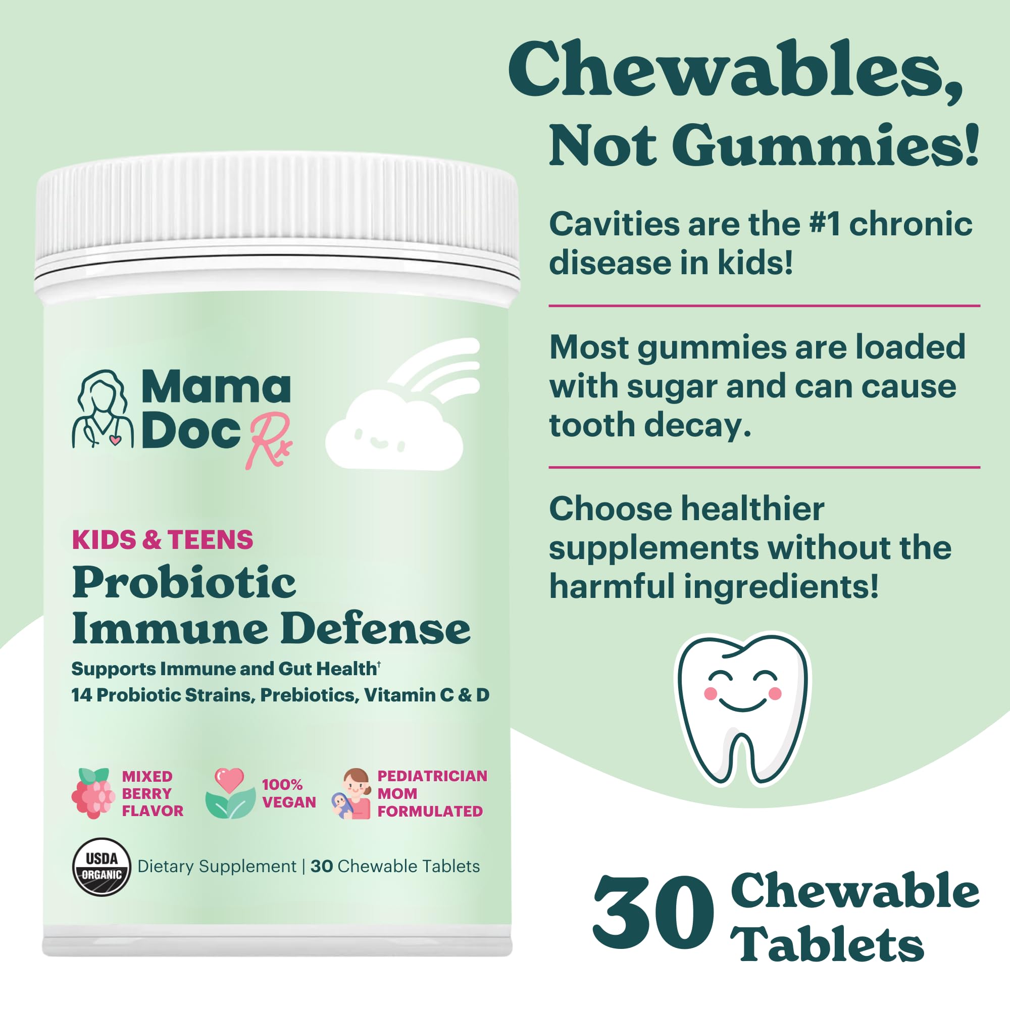 MamaDoc Rx Certified Organic Kids & Teens Probiotic Immune Defense - 5 Billion CFUs | Sugar Free, Vegan, Gluten-Free | 14 Probiotic Strains, Prebiotics, Vitamin C & D | 30 Chewable Tablets, Ages 4+ MamaDoc Rx uk supplements