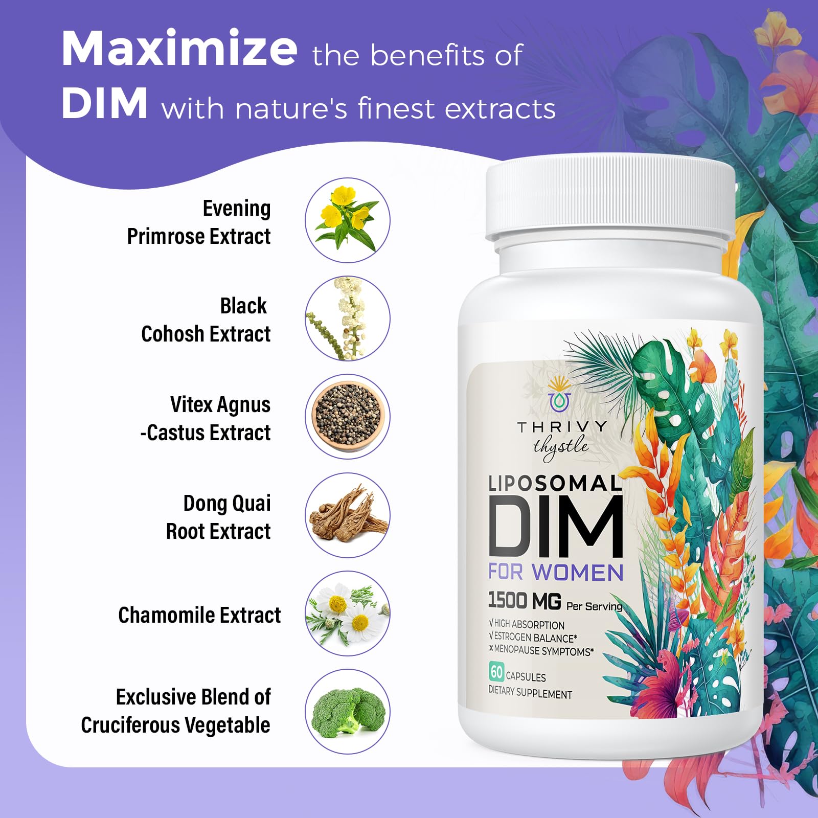 ThrivyThystle Liposomal DIM 400 mg - Hormone Balance, Estrogen Support for Women, DIM Supplement with Vitamin E, Evening Primrose, Black Cohosh, Omega-3 Fatty Acids (120 Capsules) ThrivyThystle uk supplements