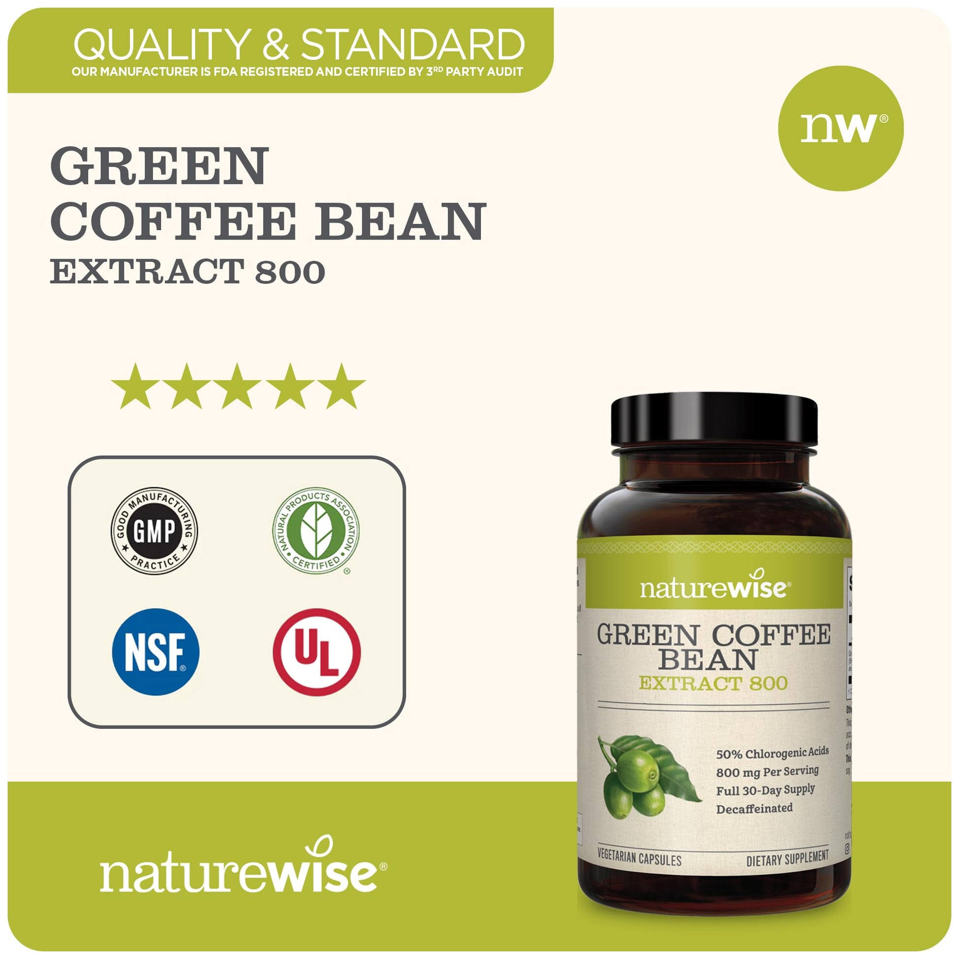 NatureWise Green Coffee Bean 800mg Max Potency Extract 50% Chlorogenic Acids NatureWise uk supplements
