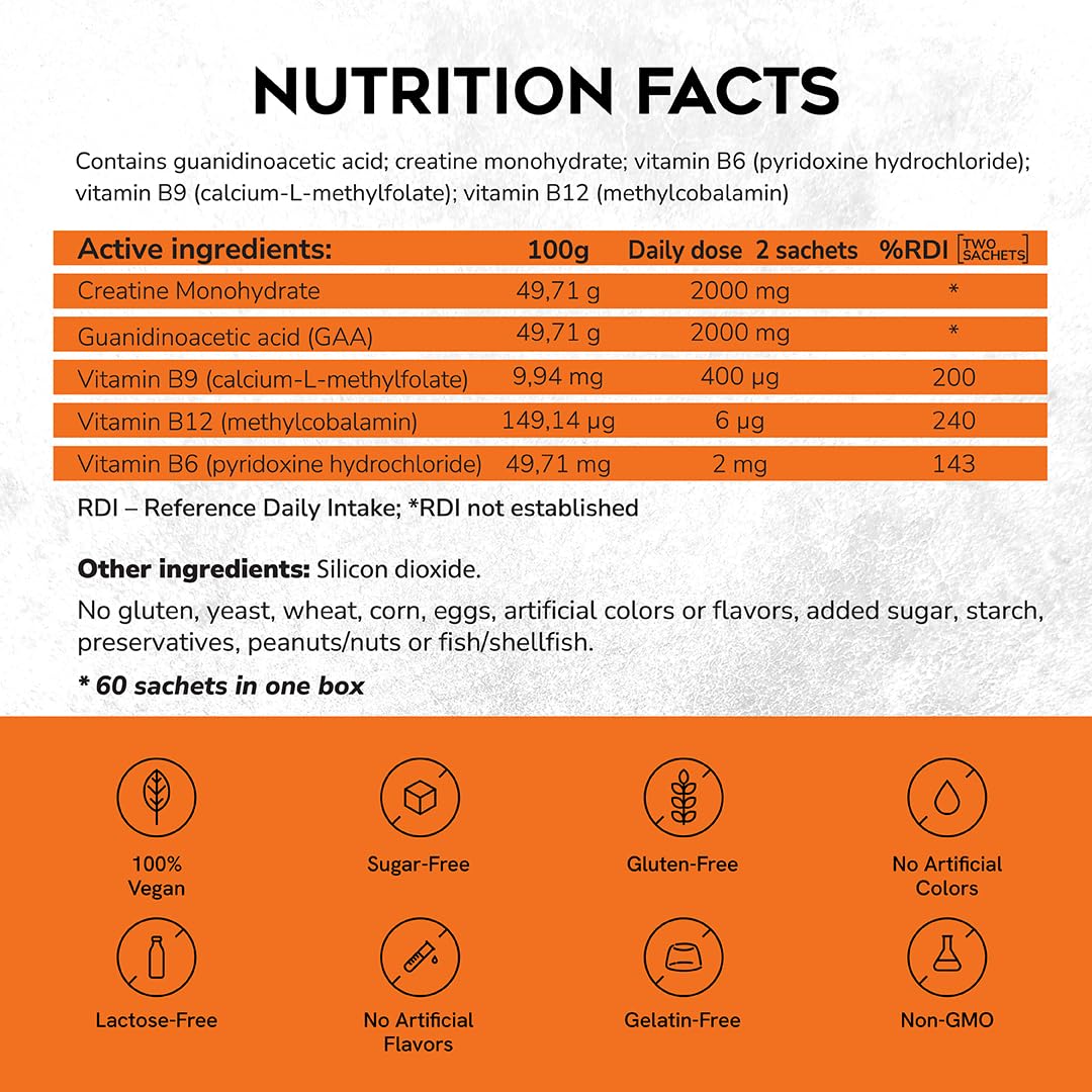 CreGAAtine Micronized Creatine Monohydrate + GAA | Increase Strength, No Water Retention | Boosts Memory & Focus | Single-Serve Packets | 60 Sachets, 30 Servings | (Sachets, Orange) CreGAAtine uk supplements
