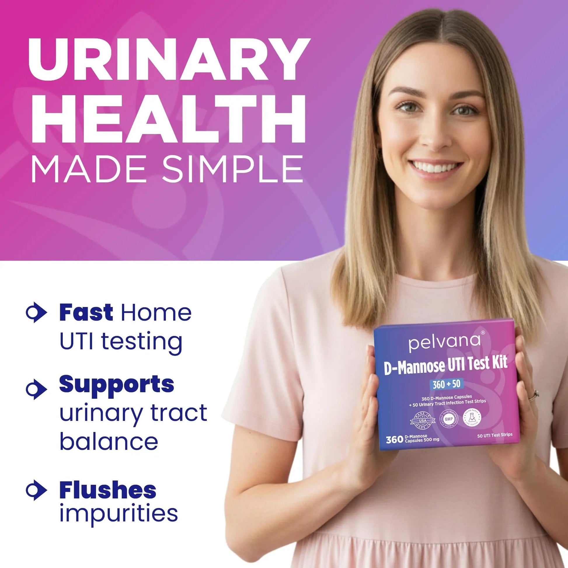 Pelvana D-Mannose UTI Kit for Women – UTI Test Strips & D-Mannose Supplement, At-Home Testing, Maintains Healthy Urinary Tract Balance, Flushes Impurities – 3 Bottles (120 Capsules) + 50 Test Strips Pelvana uk supplements