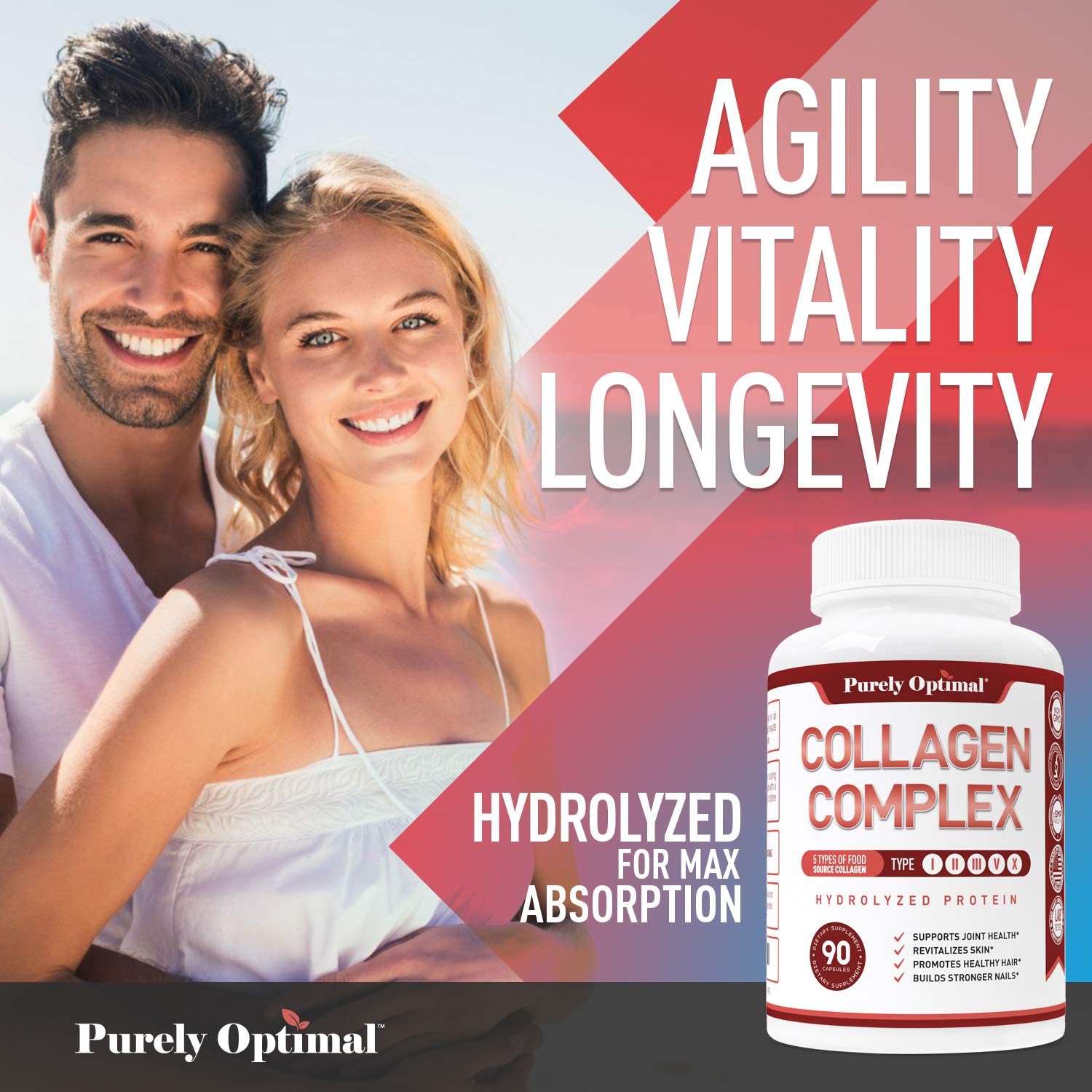 Purely Optimal Premium Multi Collagen Peptides Capsules (Types I, II, III, V, X) - Hair Purely Optimal uk supplements
