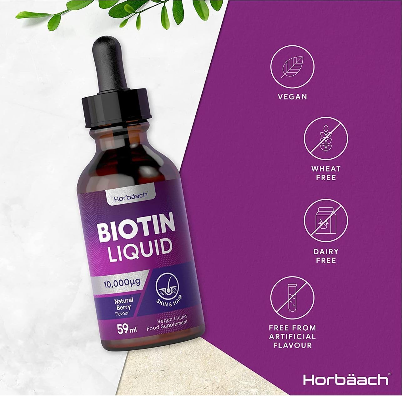Biotin Liquid Drops for Hair & Skin Support | 10000 mcg Supplement | 59 ml Vitamin B7 Horbäach uk supplements