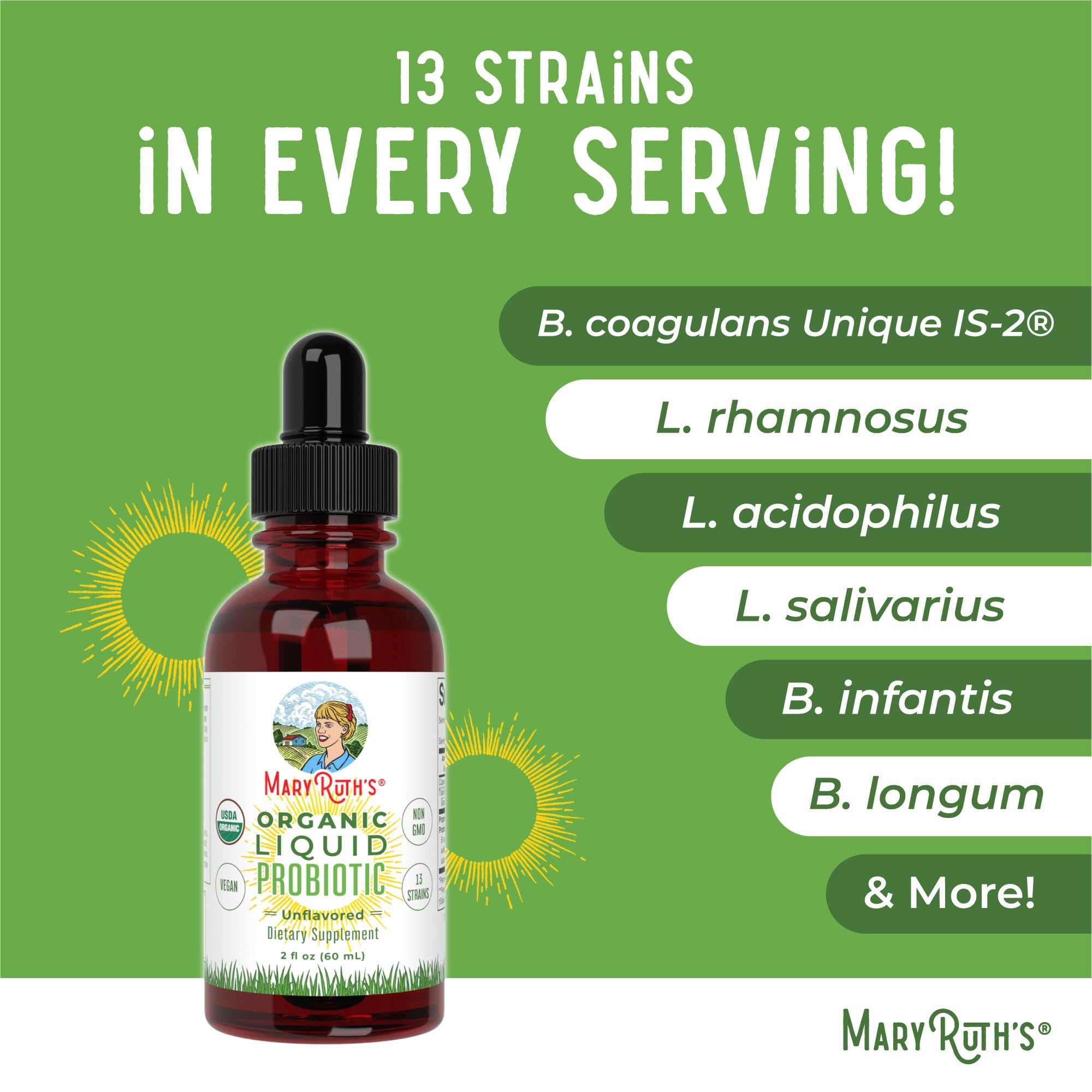 MaryRuth Organics Liquid Probiotic for Ages 4+ | 2 Billion CFU | 13 Probiotic Strains | Gut Health & Digestive Support | Gas & Bloating Support | Vegan | Gluten Free | Travel-Friendly | 20 Servings MARYRUTH'S uk supplements