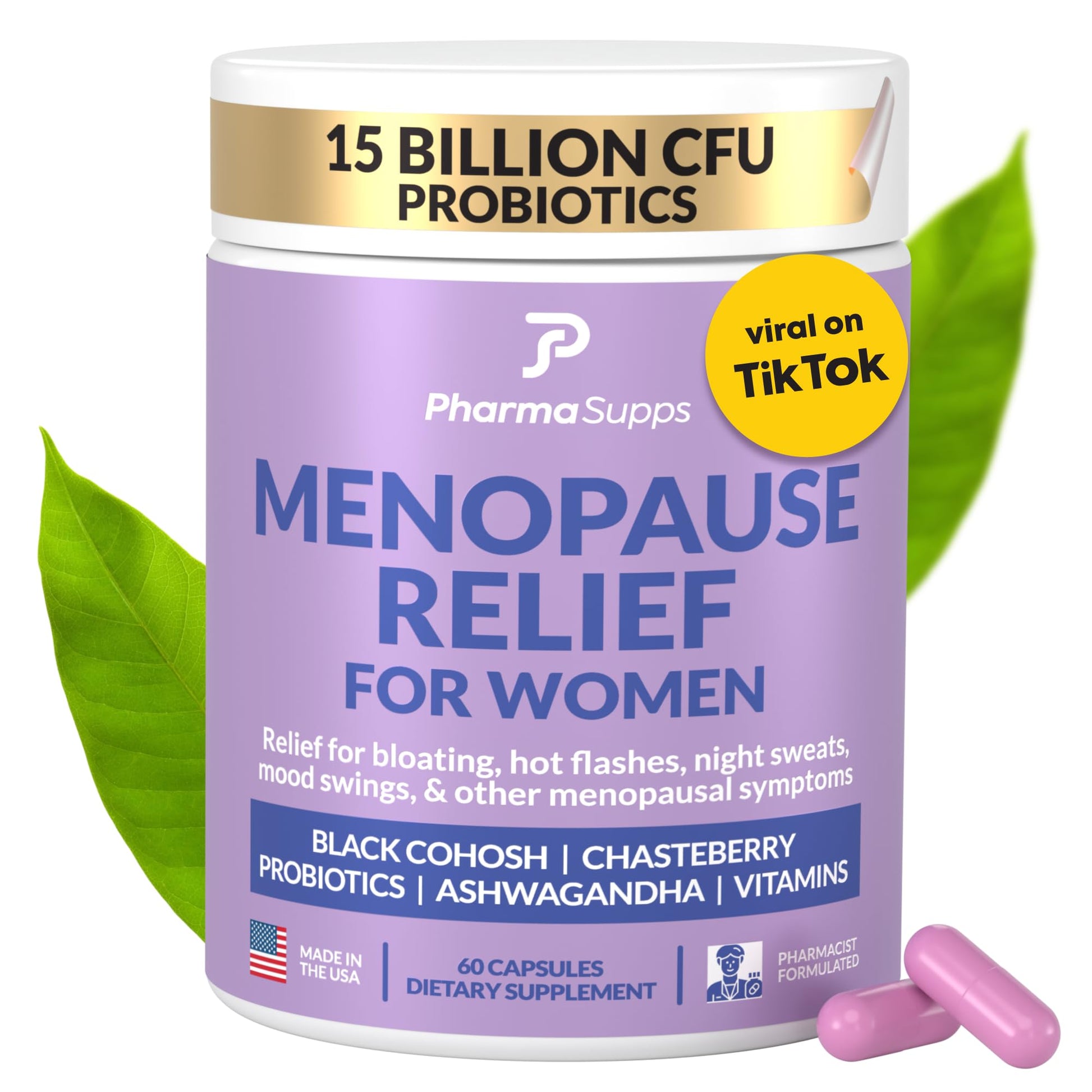 Natural Menopause Supplements for Women - Perimenopause Supplements for Hormonal Balance, Bloating & Mood Swings | Hot Flashes Menopause Relief w/Probiotics & Prebiotics, Black Cohosh & Chasteberry PharmaSupps uk supplements