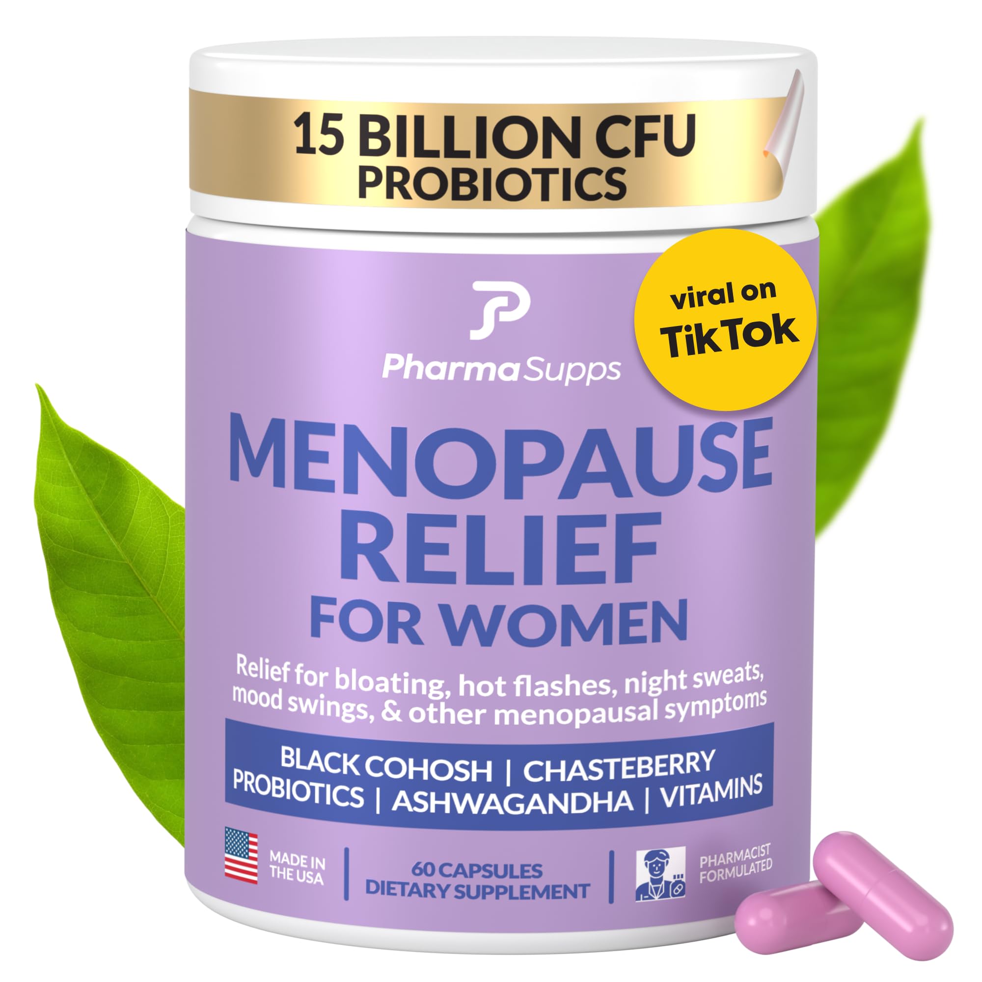 Natural Menopause Supplements for Women - Perimenopause Supplements for Hormonal Balance, Bloating & Mood Swings | Hot Flashes Menopause Relief w/Probiotics & Prebiotics, Black Cohosh & Chasteberry PharmaSupps uk supplements