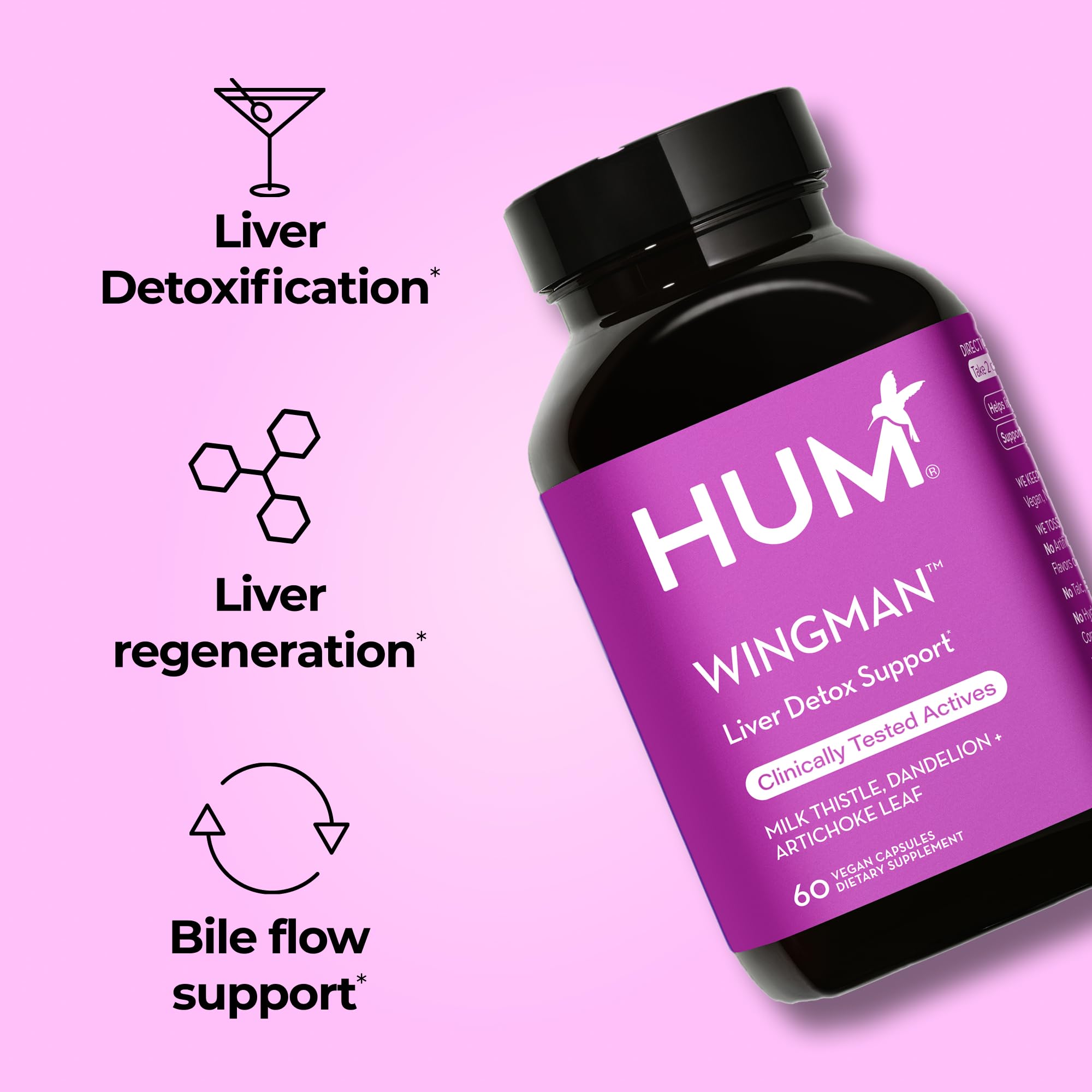 HUM Wing Man Liver Support Supplement with Milk Thistle, Dandelion Root Powder & Artichoke Leaf Extract For Liver Health & Function Support, Milk Thistle Supplement Helps Flush Out Toxins, 60 Capsules HUM uk supplements