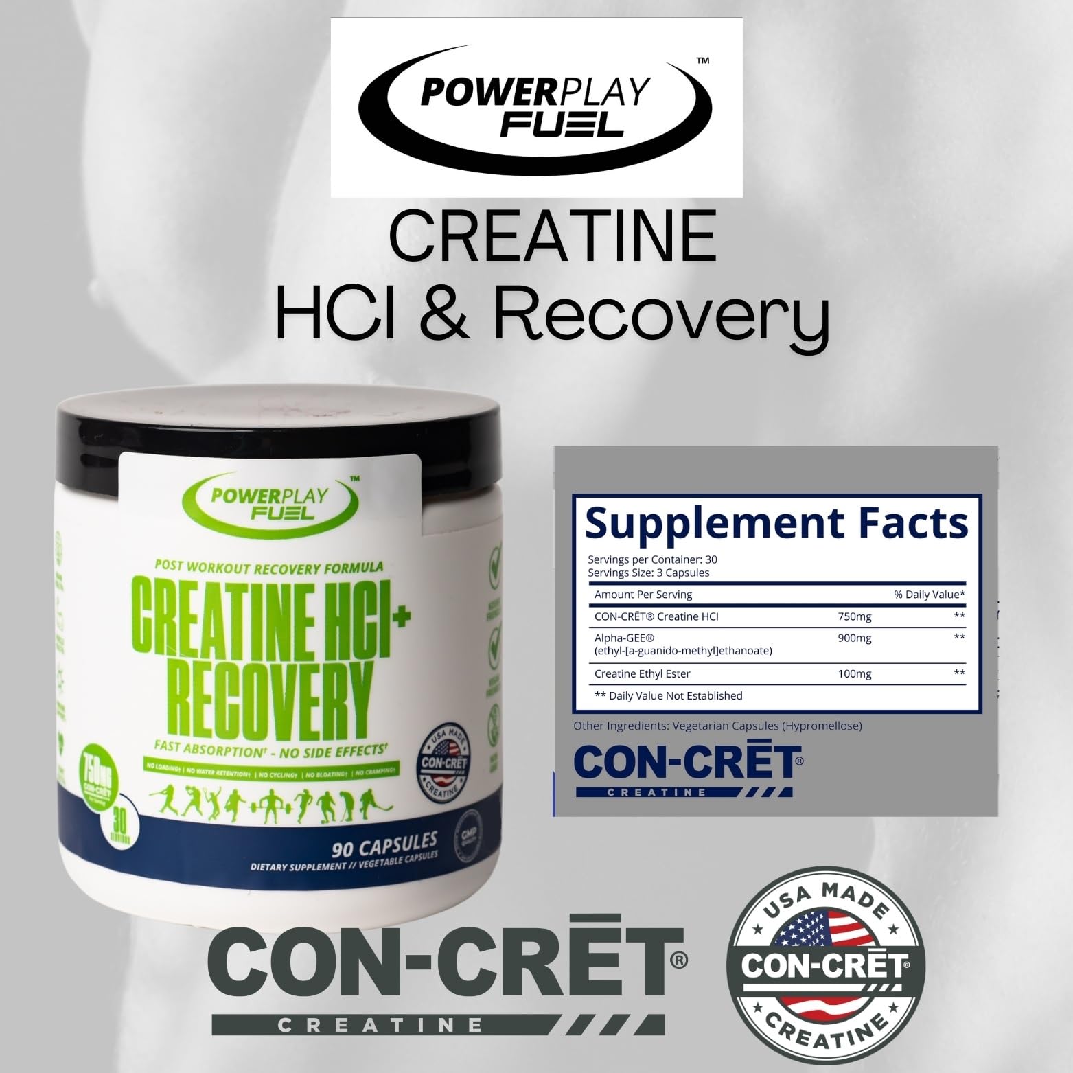 CREATINE HCl + Recovery Capsules for Men and Women, Muscle & Brain Health, Cognitive Function, Immune Support - 90 Vegetable Capsules POWER PLAY FUEL uk supplements