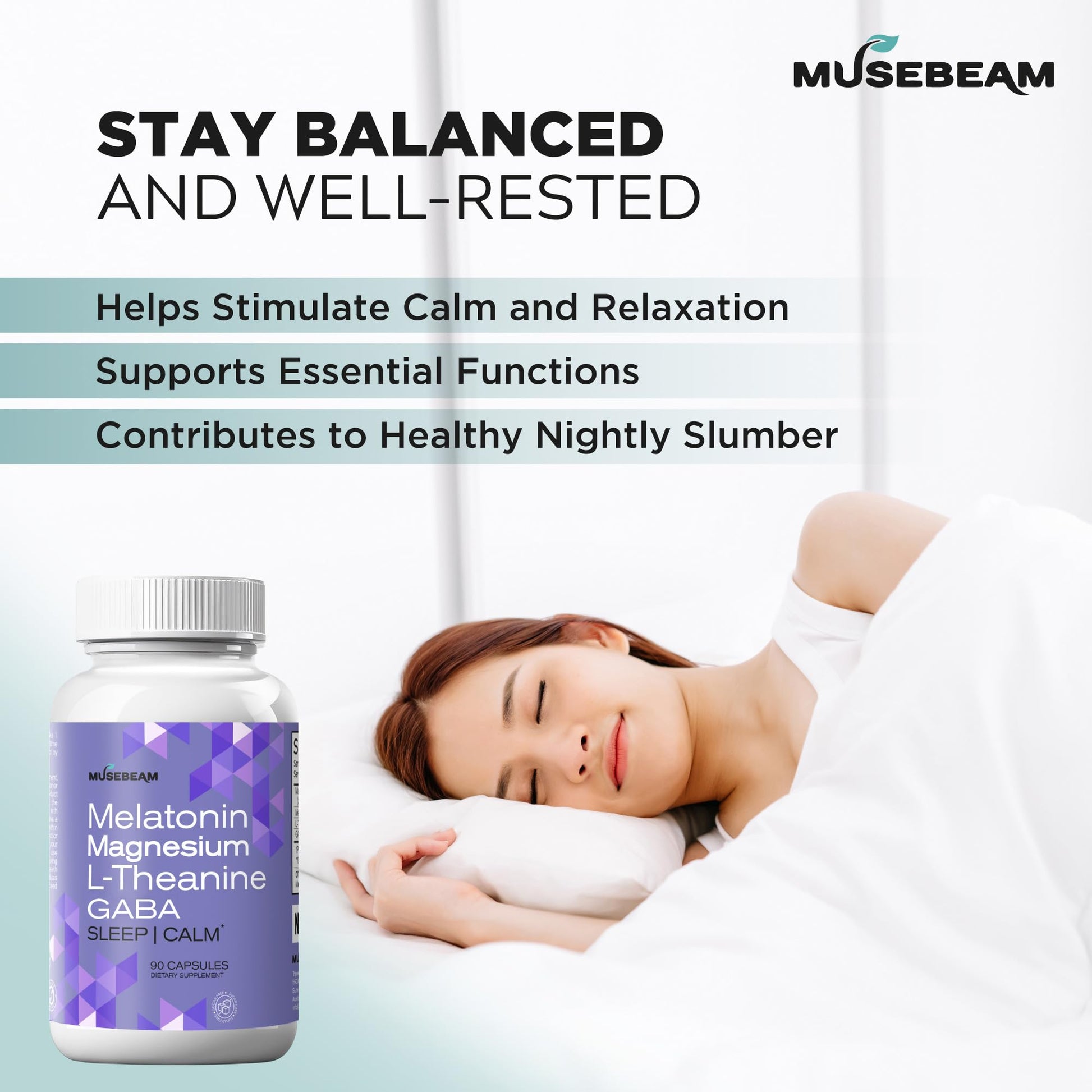 MuseBeam Magnesium Glycinate 275mg Melatonin 5mg L-Theanine 200mg GABA 100mg Capsules - Full Rest Nighttime Bedtime Support Supplement for Men Women - Vegan Sugar-Free Gluten-Free musebeam uk supplements