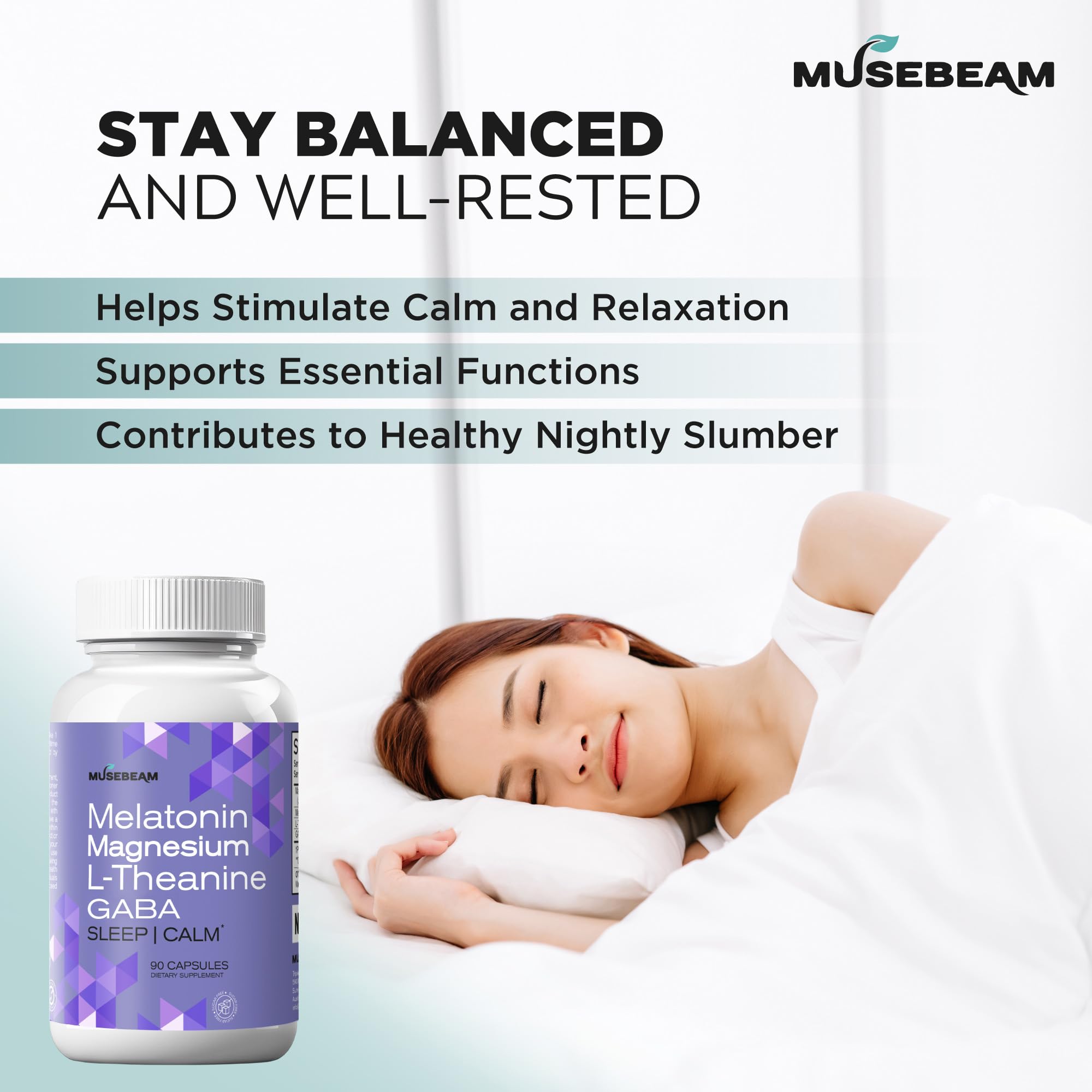 MuseBeam Magnesium Glycinate 275mg Melatonin 5mg L-Theanine 200mg GABA 100mg Capsules - Full Rest Nighttime Bedtime Support Supplement for Men Women - Vegan Sugar-Free Gluten-Free musebeam uk supplements