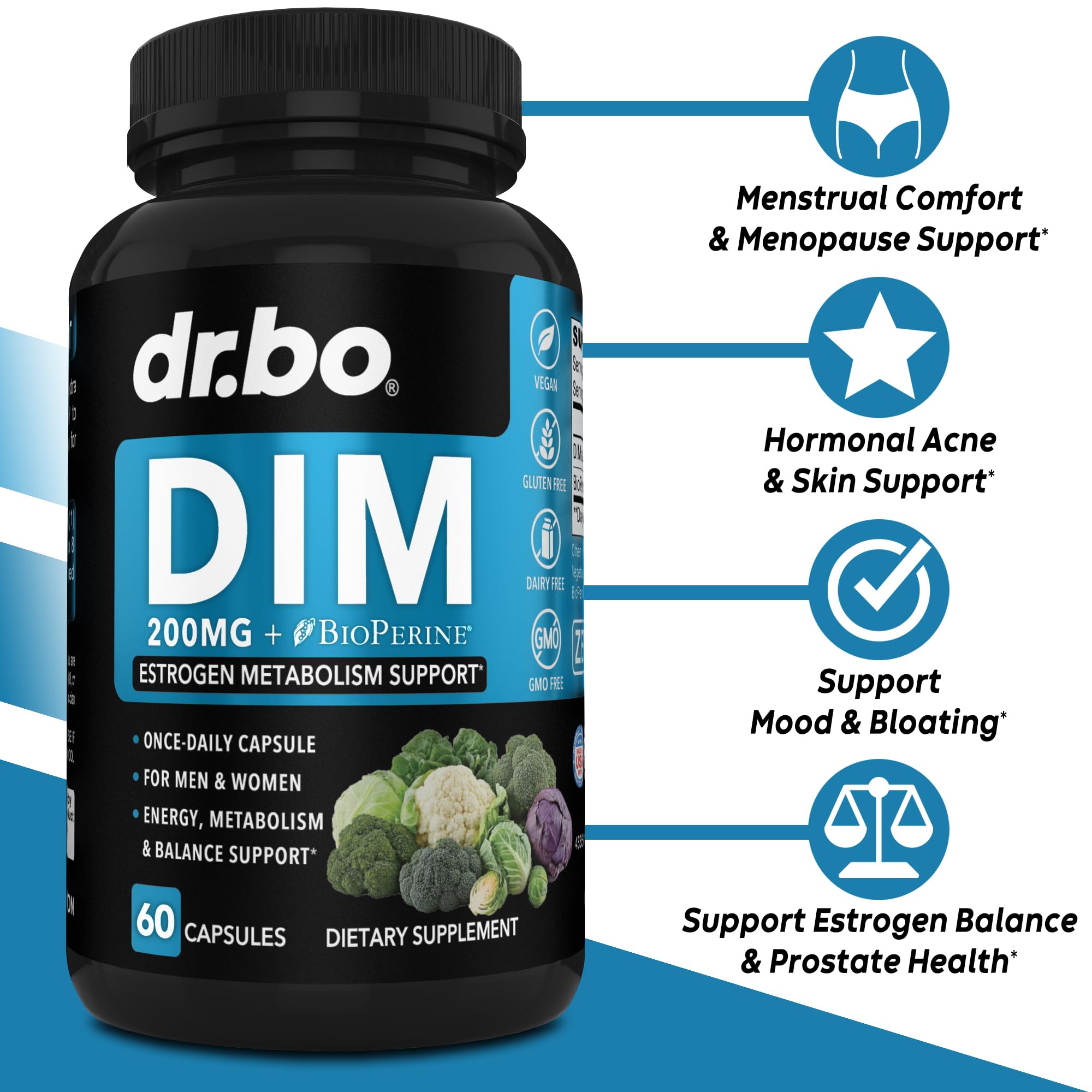 DIM Supplement for Women & Men 200mg - Androgen Estrogen Blocker for Men & Women, Hormonal Acne Pills, Hormone Balance, Menopause Support, Diindolylmethane DIM Supplement Plus BioPerine - 60 Capsules DR. BO uk supplements