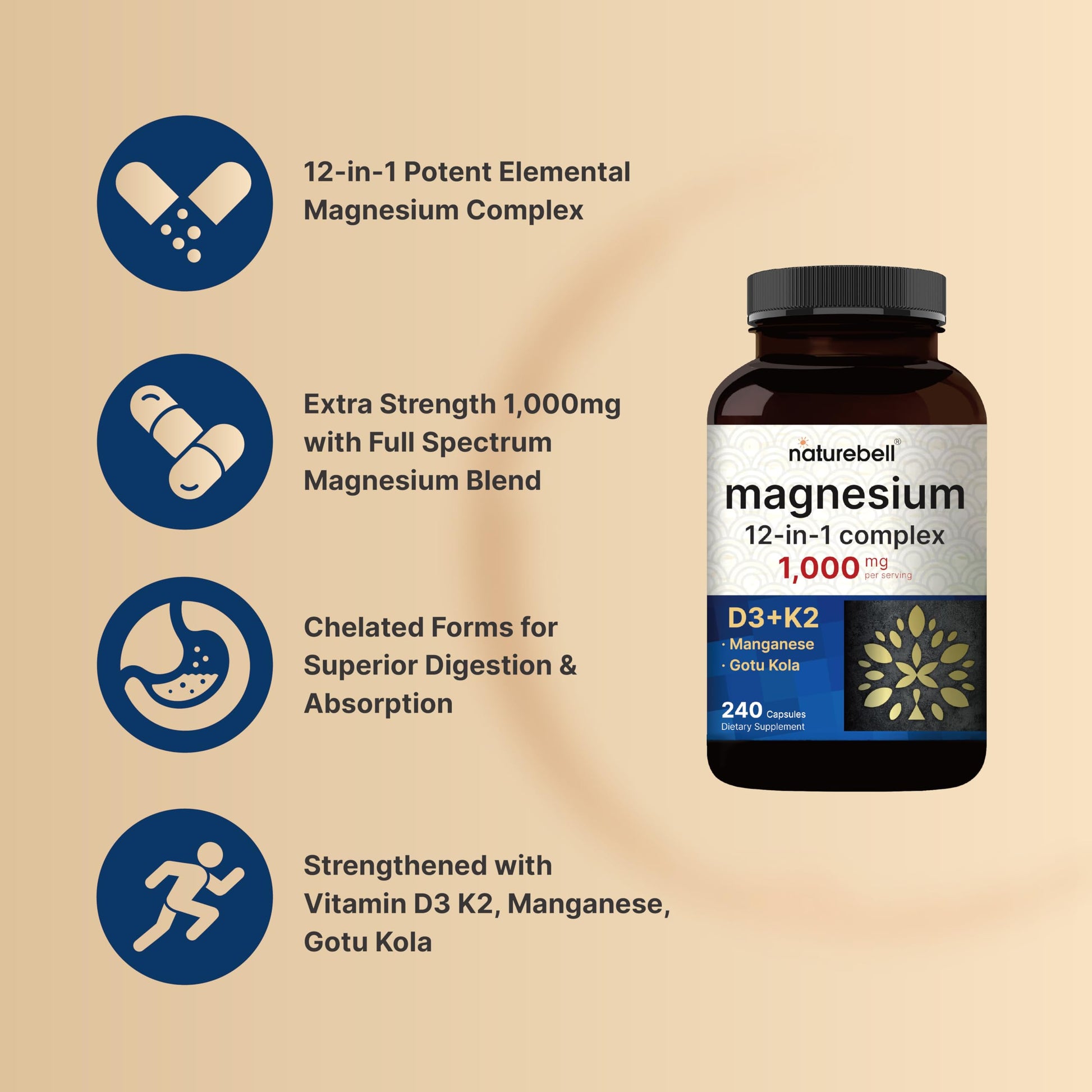 NatureBell 12-in-1 Magnesium Complex 1000mg, 4-Months Supply – Magnesium Glycinate, Citrate, Taurate, Malate, & More – High Absorption Formula for Men & Women – Chelated & Purified – 240 Capsules NatureBell uk supplements