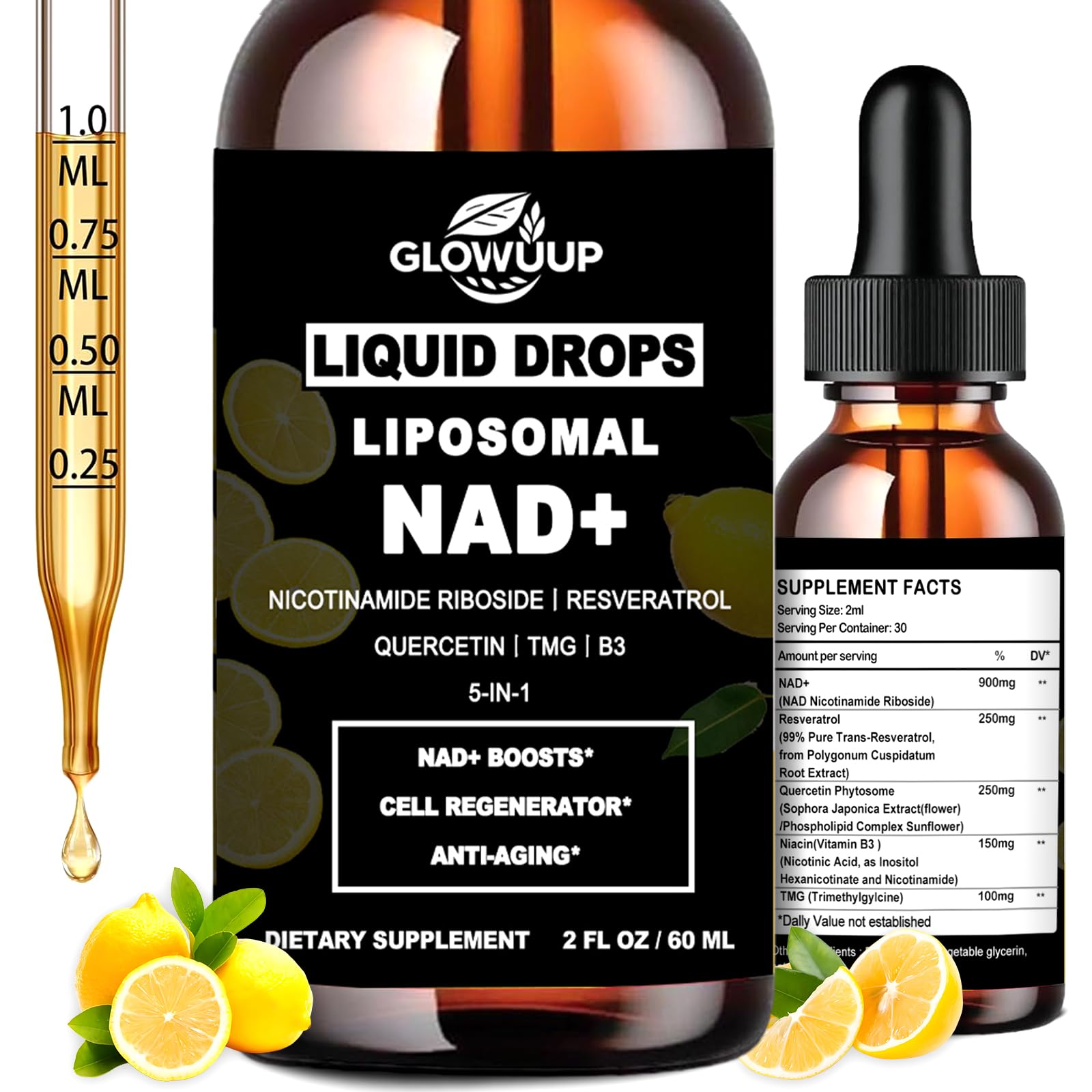 NAD Supplements for Women & Men, Liposomal NAD Nicotinamide Riboside Resveratrol 900mg w. B3 Vitamin Quercetin TMG, Liquid Resveratrol NAD Plus Supplement for Anti-Aging Energy Focus Longevity GLOVVUUP uk supplements