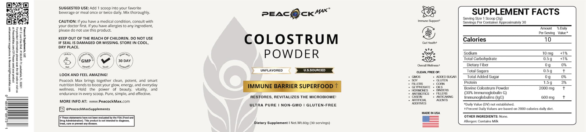 Peacock Max Colostrum Powder – 60g (30 Servings), Unflavored Bovine Colostrum Supplement, Superfood for Hair, Skin & Gut Health, Gluten-Free, Non-GMO Peacock Max uk supplements