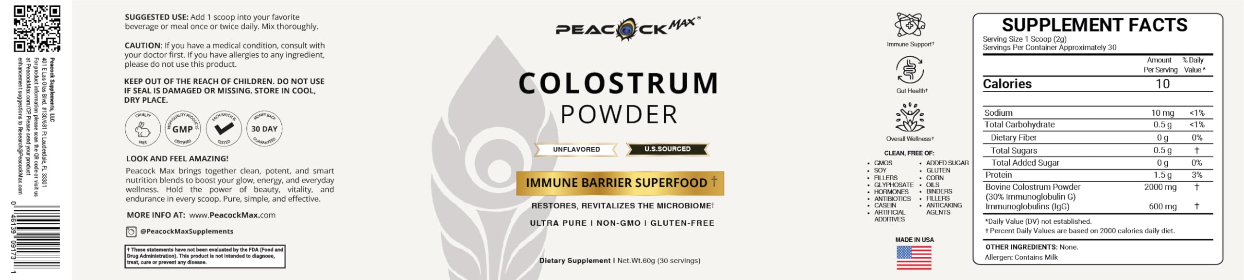 Peacock Max Colostrum Powder – 60g (30 Servings), Unflavored Bovine Colostrum Supplement, Superfood for Hair, Skin & Gut Health, Gluten-Free, Non-GMO Peacock Max uk supplements