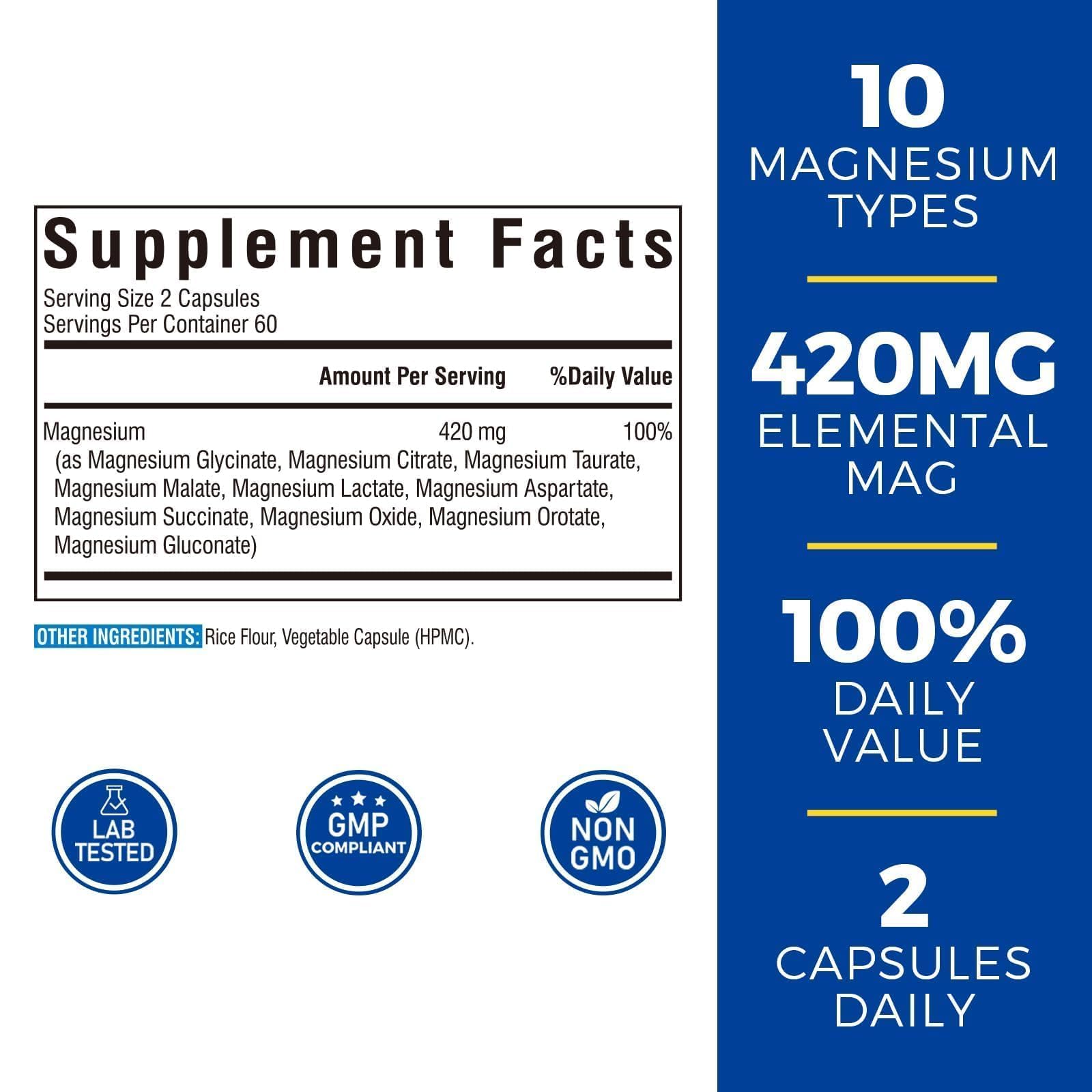Vitalibre 10 in 1 Magnesium Complex, 420mg Elemental Magnesium | Ultra Strength, Max Absorption | Chelated Magnesium Supplement for Nerves, Bone & Heart Health | Non-GMO, 120 Vegan Capsules Vitalibre uk supplements