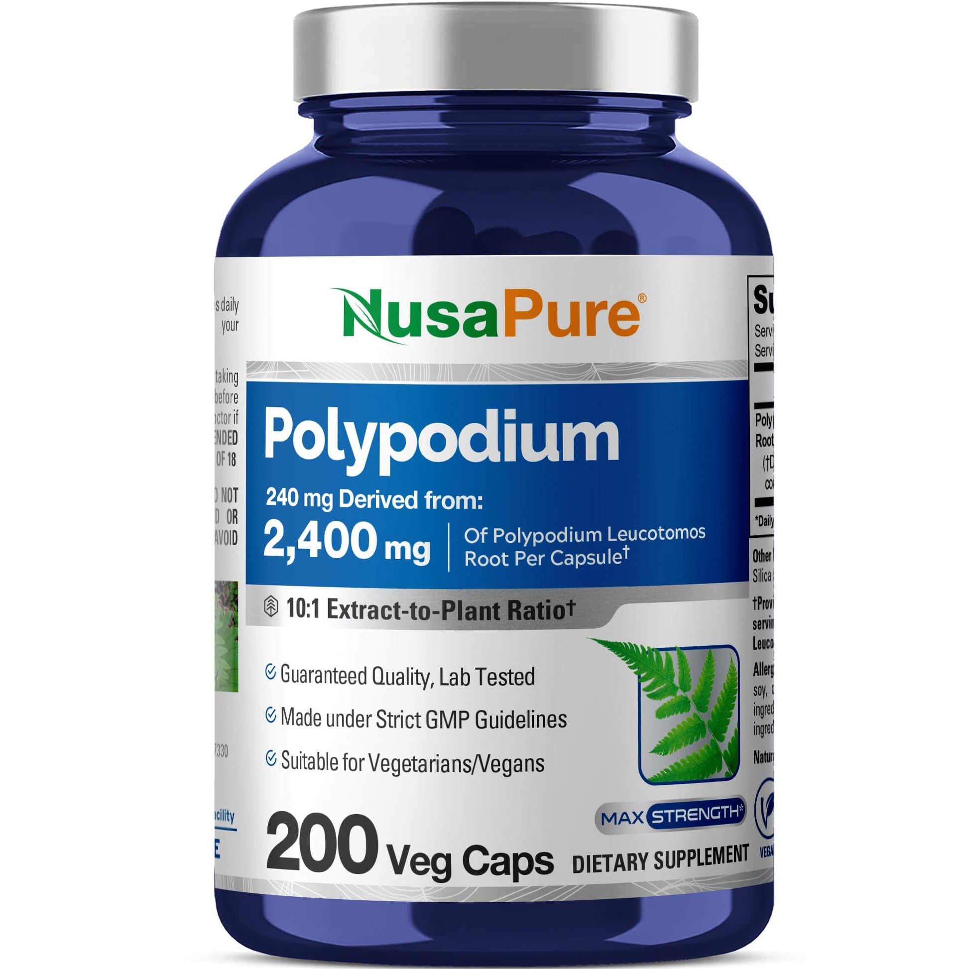 NusaPure Polypodium Leucotomos 10:1 Extract, 240 mg Equivalent to 2400mg 200 Veggie Capsules (Vegetarian, Non-GMO, Vegan) NusaPure uk supplements