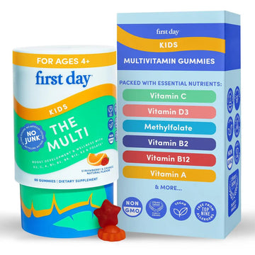First Day Kids Multivitamin Gummies Age 4+, Strawberry & Orange - Kids Vitamins Multivitamin Gummy A C D3 K2 B1 B2 B6 B12 Folate, Immunity & Brain Function FIRST DAY uk supplements