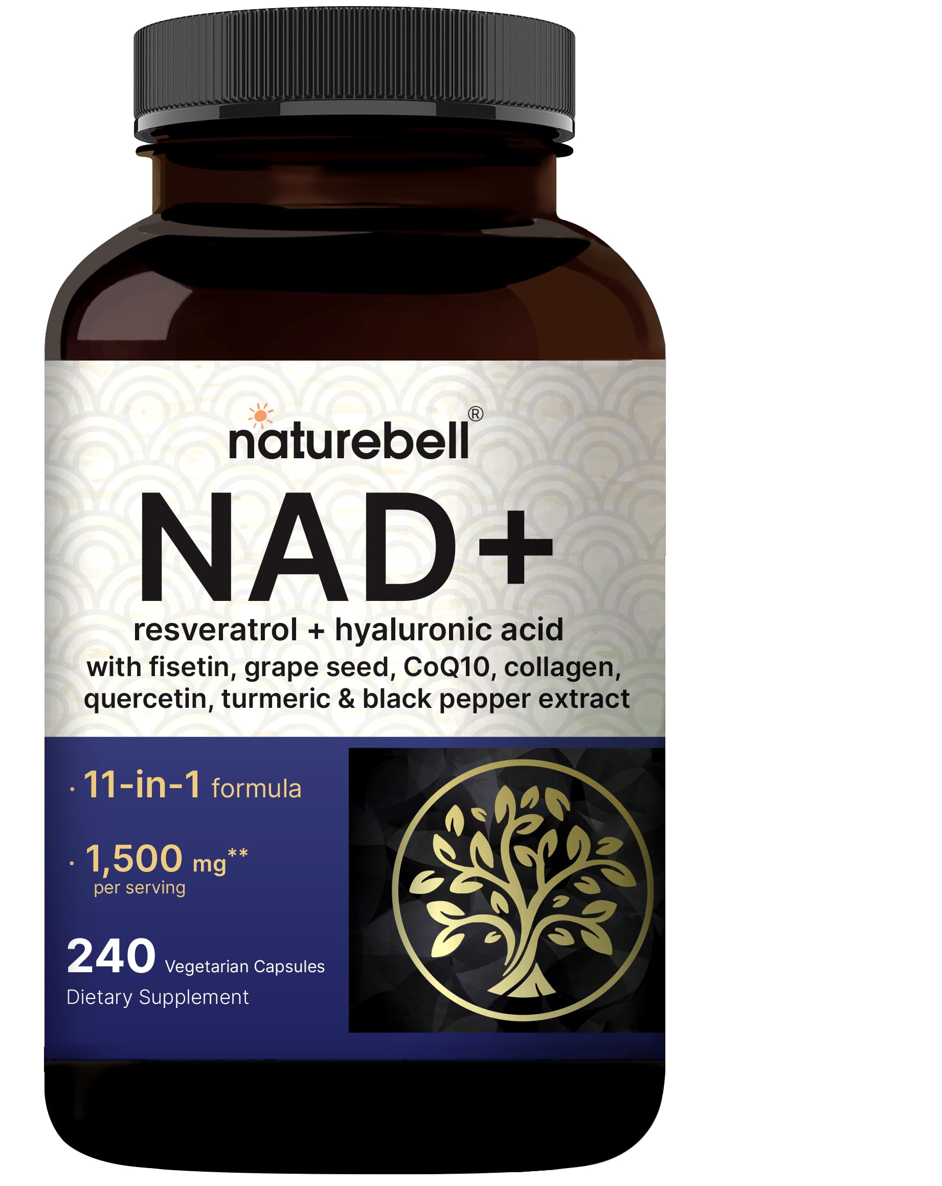 NatureBell NAD+ Complex 1,500mg Per Serving, 240 Veggie Capsules | NMN Supplement Alternative | NAD Plus Resveratrol, Hyaluronic Acid, Quercetin, Fisetin, Collagen, & More – Non-GMO NatureBell uk supplements