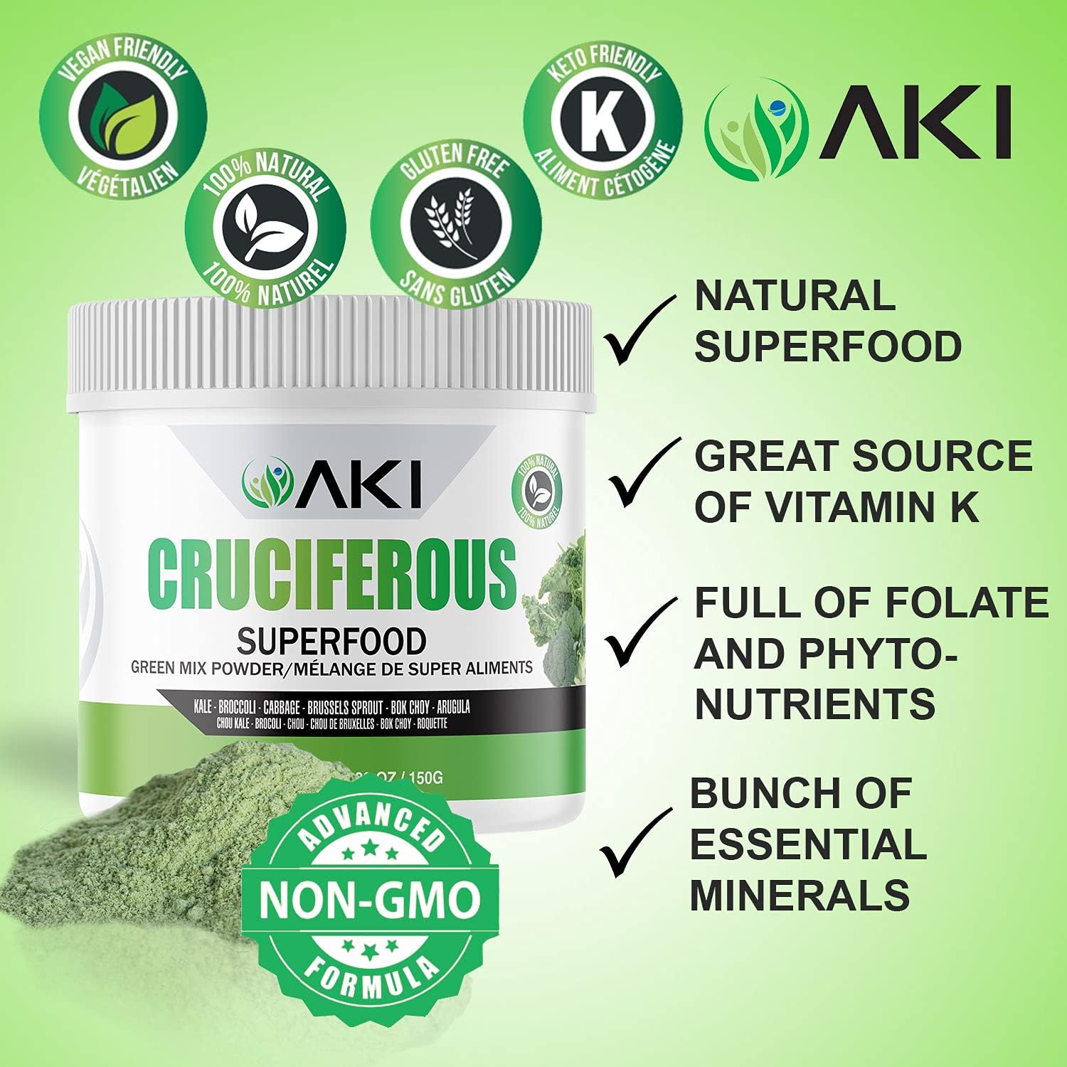 AKI Cruciferous Superfood Green Mix Powder - Made from Kale, Broccoli, Brussels Sprouts, Cabbage - Packed with Essential Phytonutrients & Vitamins ((5.3oz/150g)) AKI ORGANIC uk supplements