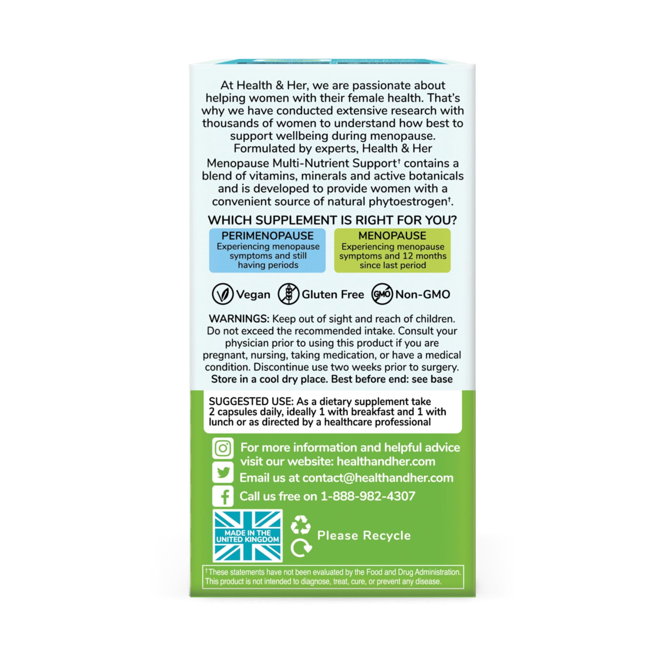 Health & Her Menopause Supplements for Women - Multi-Nutrient Support, Menopause Vitamins for Energy, Bones, Muscles, Skin & Hair, Vegan, Gluten-Free, Non GMO (60ct - 1 Month) Health and Her uk supplements