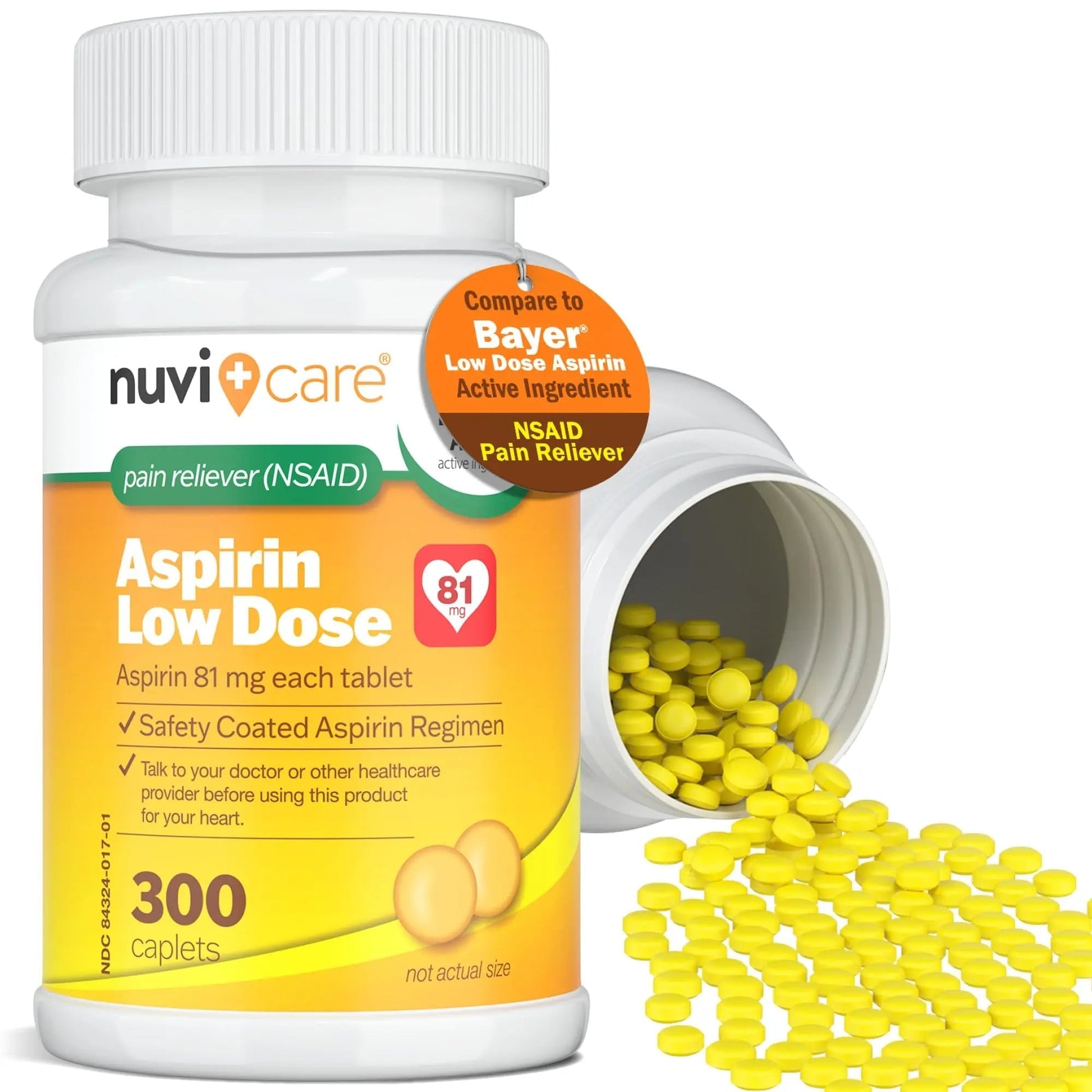 NUVICARE Low Dose Aspirin 81mg for Adults Coated Caplets - Compare to Active Ingredient in Low Dose Bayer Aspirin for Adults - Safety Coated (300 Count) NUVICARE uk supplements